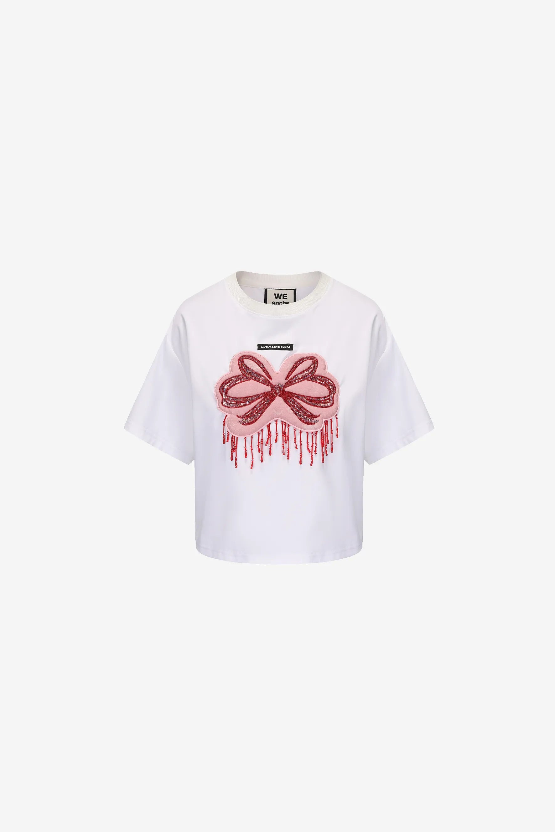White cotton t-shirt with red bow applique, sequin embroidery, and beaded tassel – WEANCHEAM