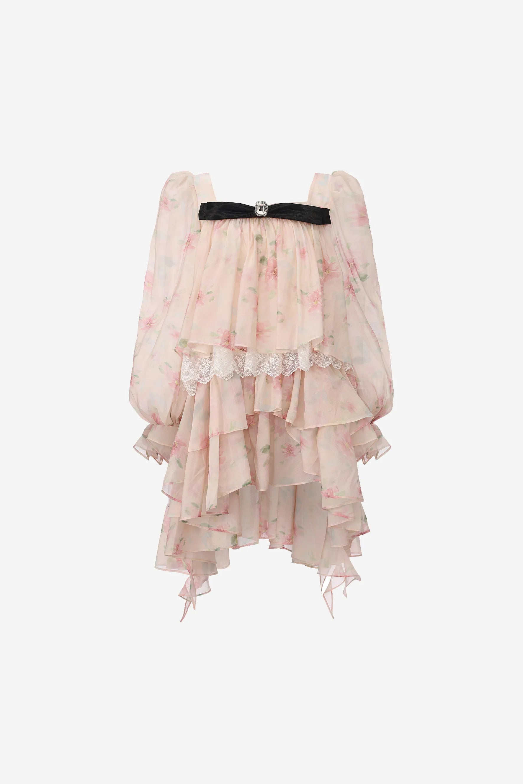 Multi-layered bubble sleeve dress with ruffles and sculptural bow – WEANCHEAM