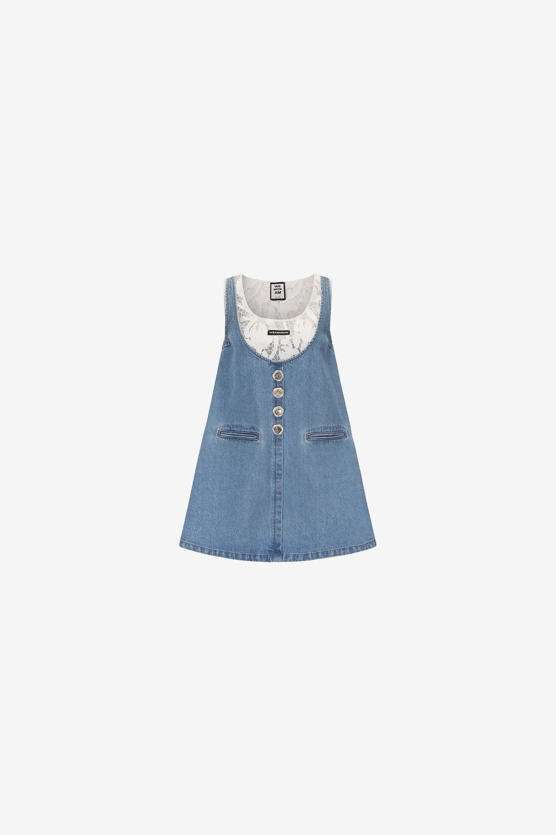 Lace trim round-neck denim dress with button placket – WEANCHEAM