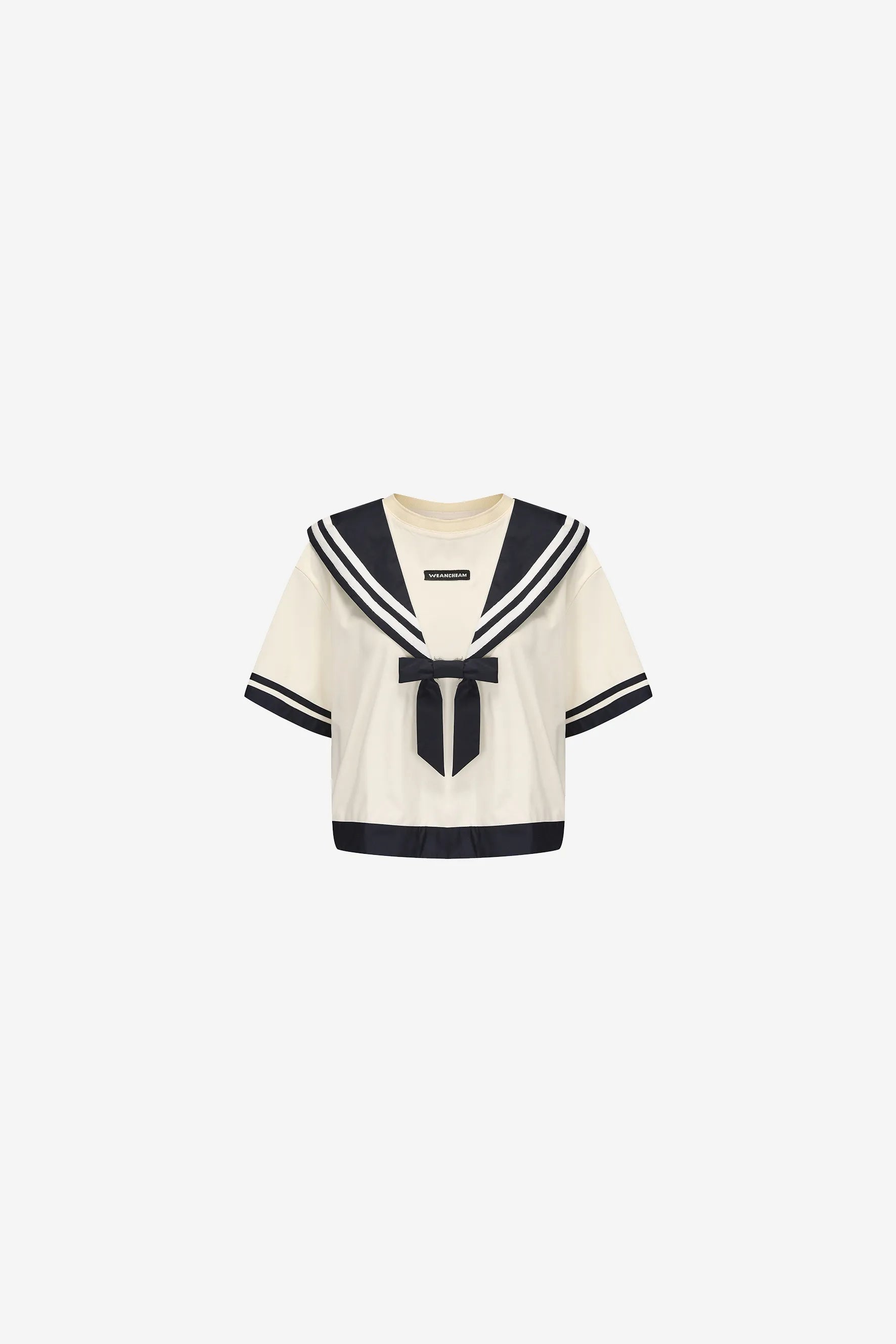 College-style shawl T-shirt in beige with striped neckline – WEANCHEAM