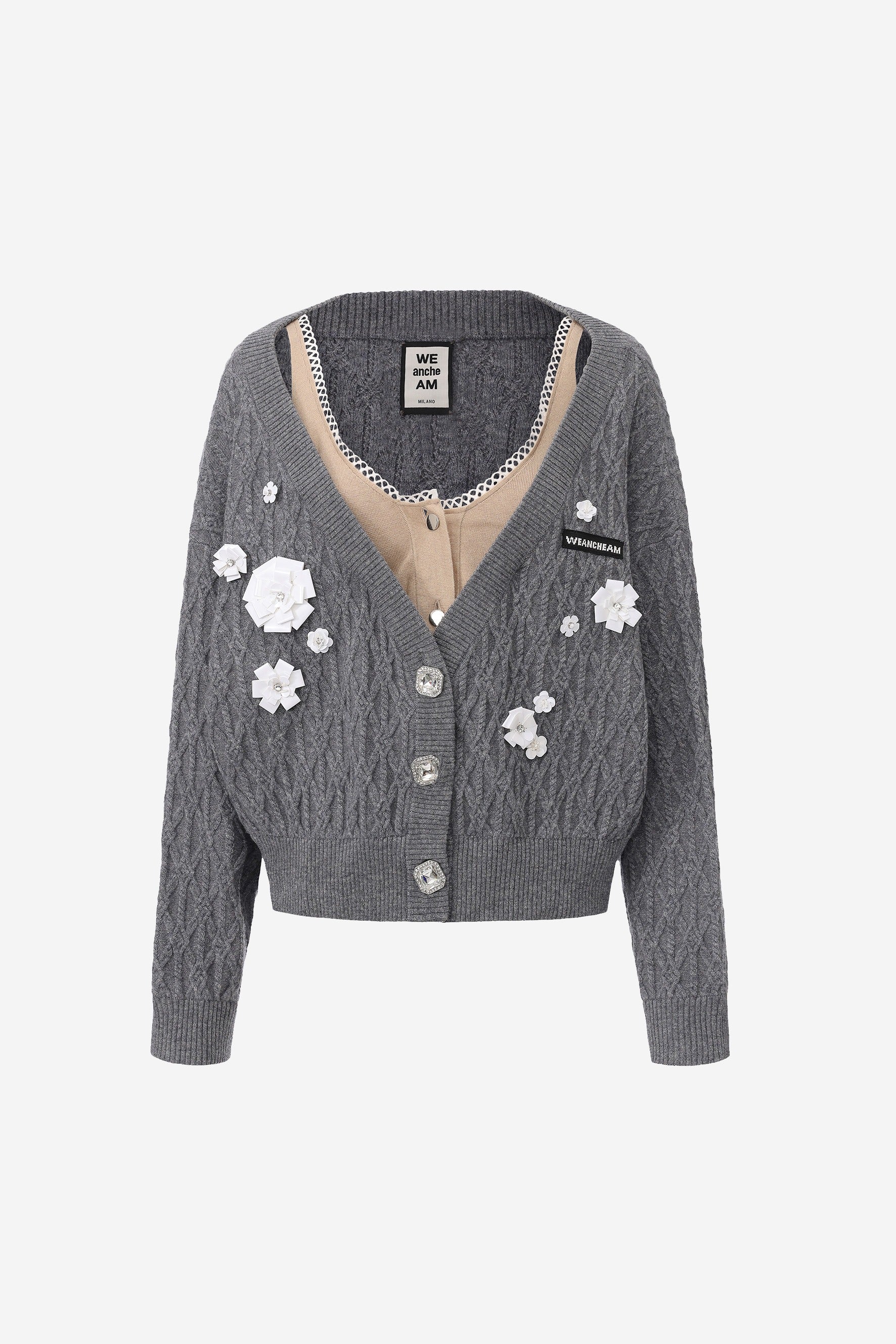 Beaded faux two-piece knit cardigan with lace-trimmed collar – WEANCHEAM