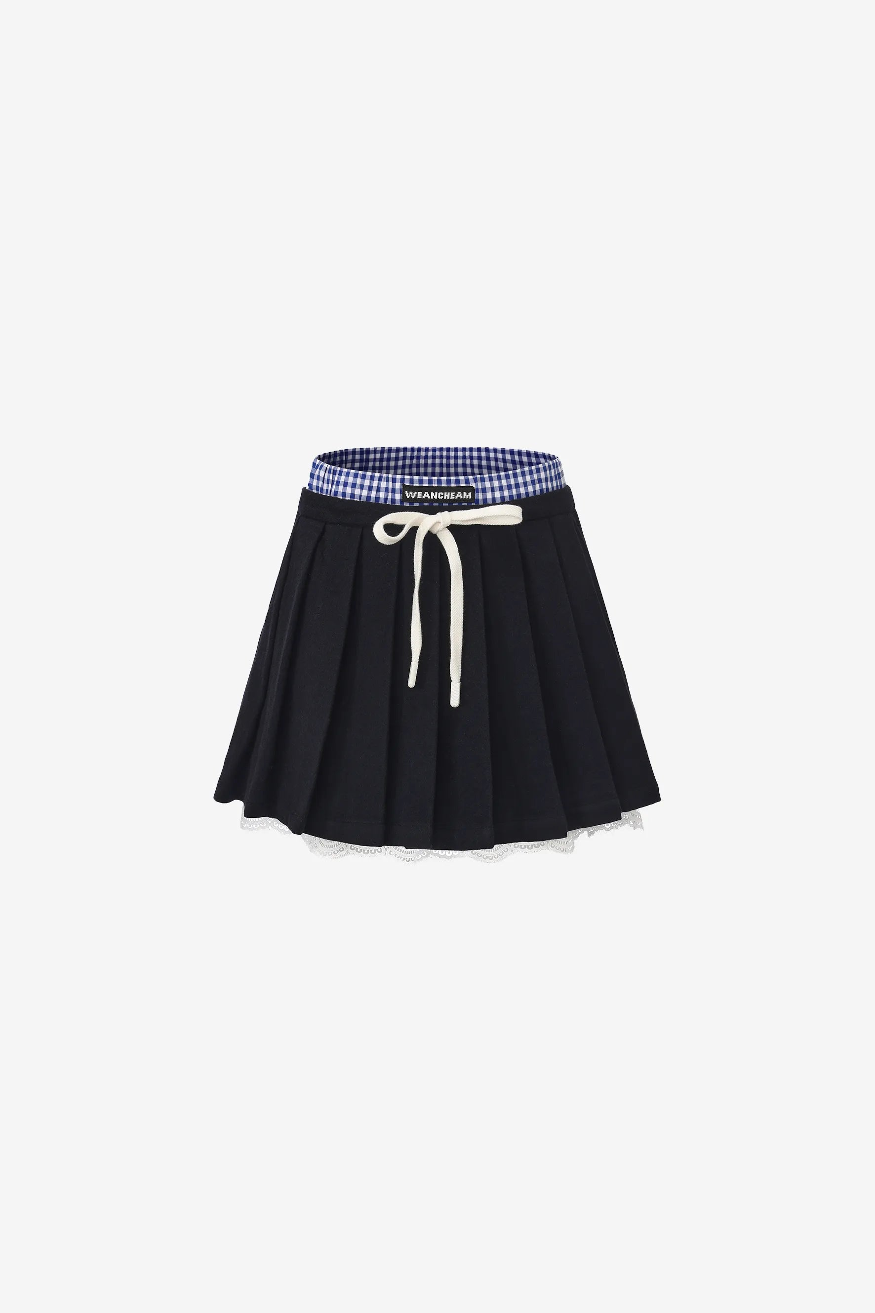 Double waistband pleated mini skirt with checkered contrasts and lace hem – WEANCHEAM