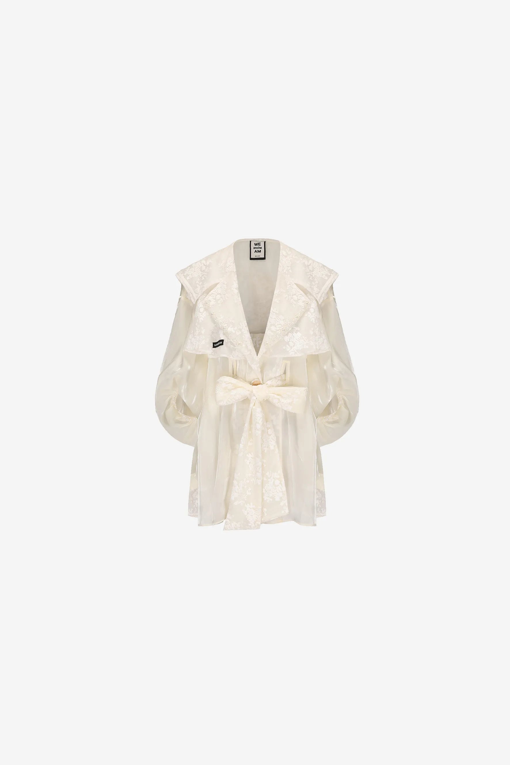 Navy collar chiffon lace patchwork jacket with ruffled back and satin organza sheen – WEANCHEAM