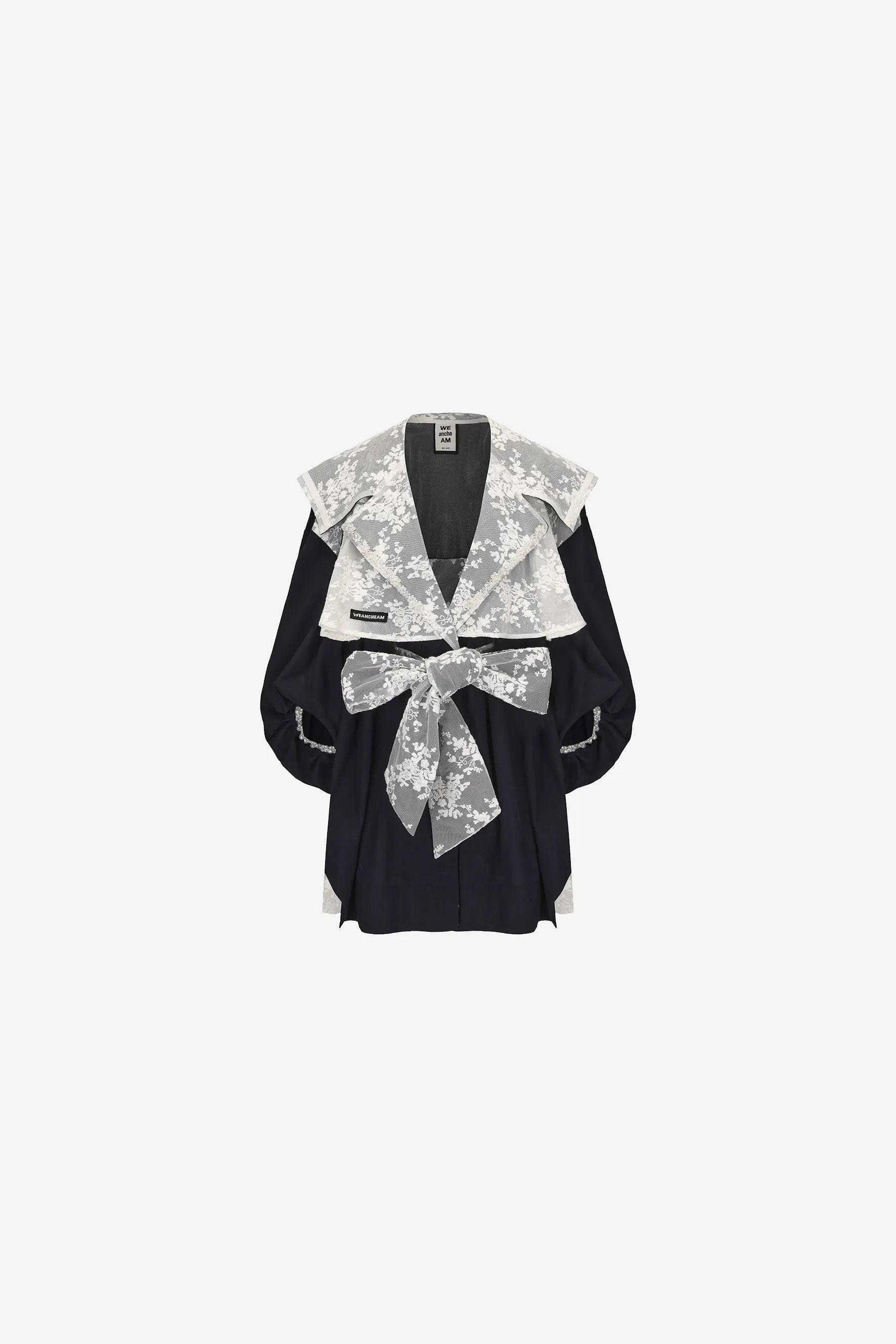 Navy collar chiffon lace patchwork jacket with ruffled back and satin organza sheen – WEANCHEAM