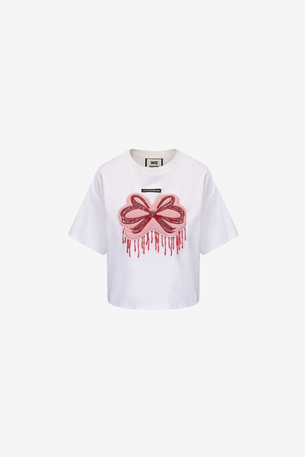 White cotton t-shirt with red bow applique, sequin embroidery, and beaded tassel – WEANCHEAM