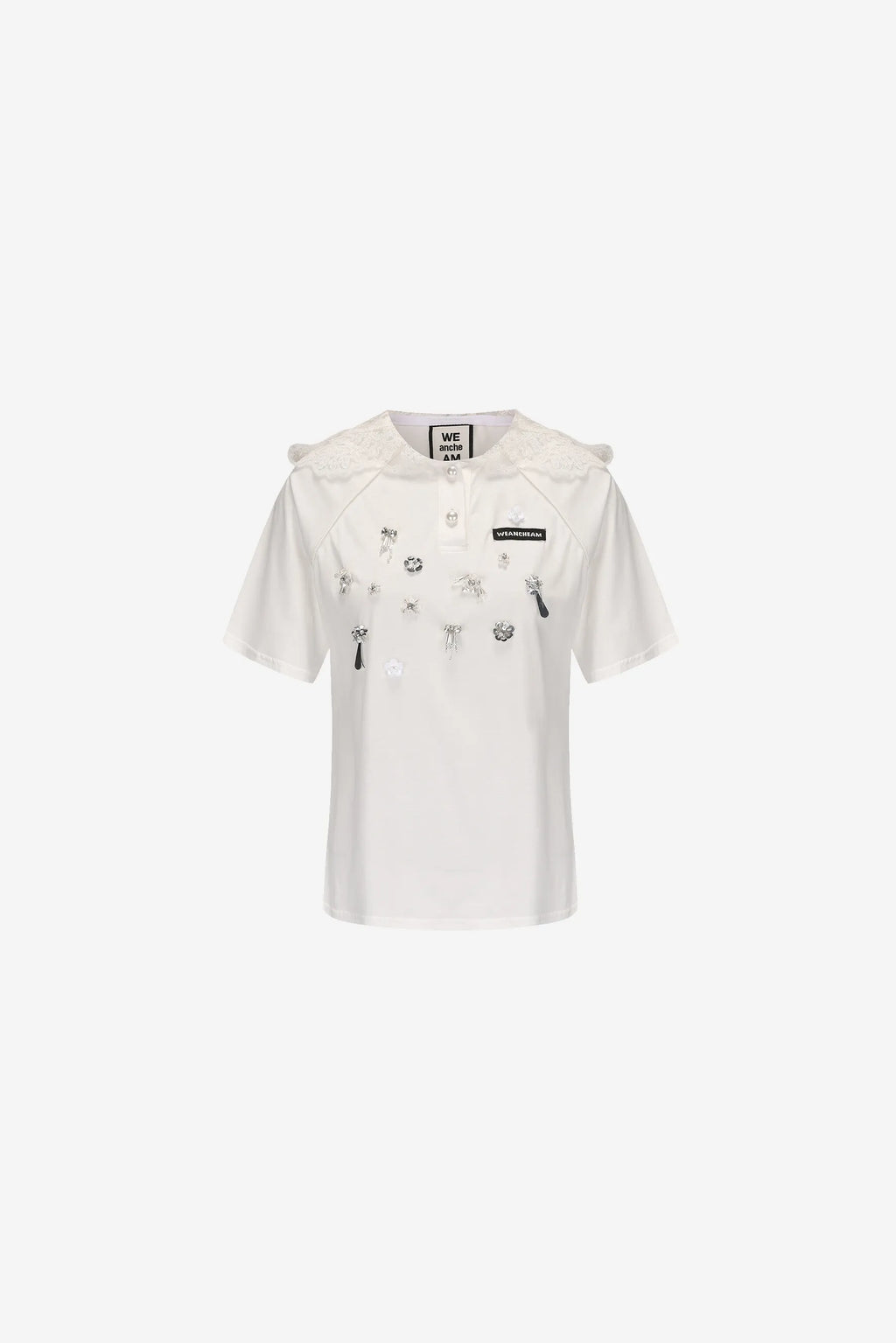 Hand-beaded lace cap polo neck T-shirt with breathable fabric – WEANCHEAM 