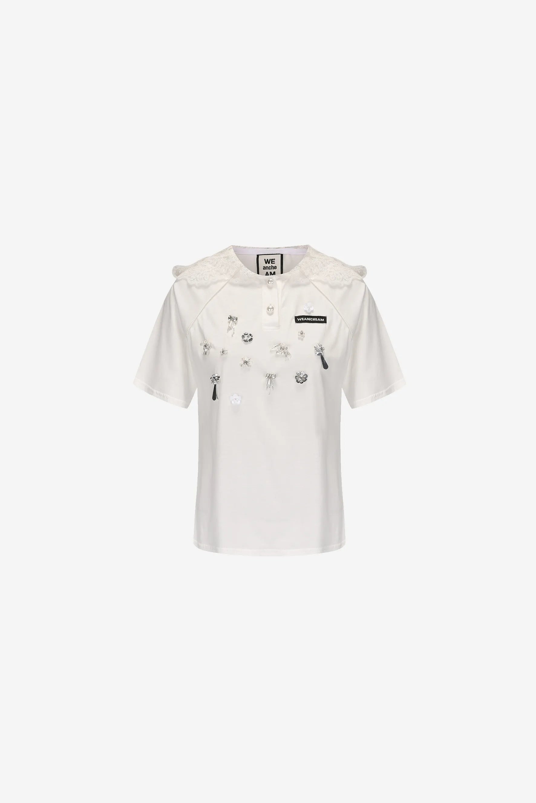 Hand-beaded lace cap polo neck T-shirt with breathable fabric – WEANCHEAM 