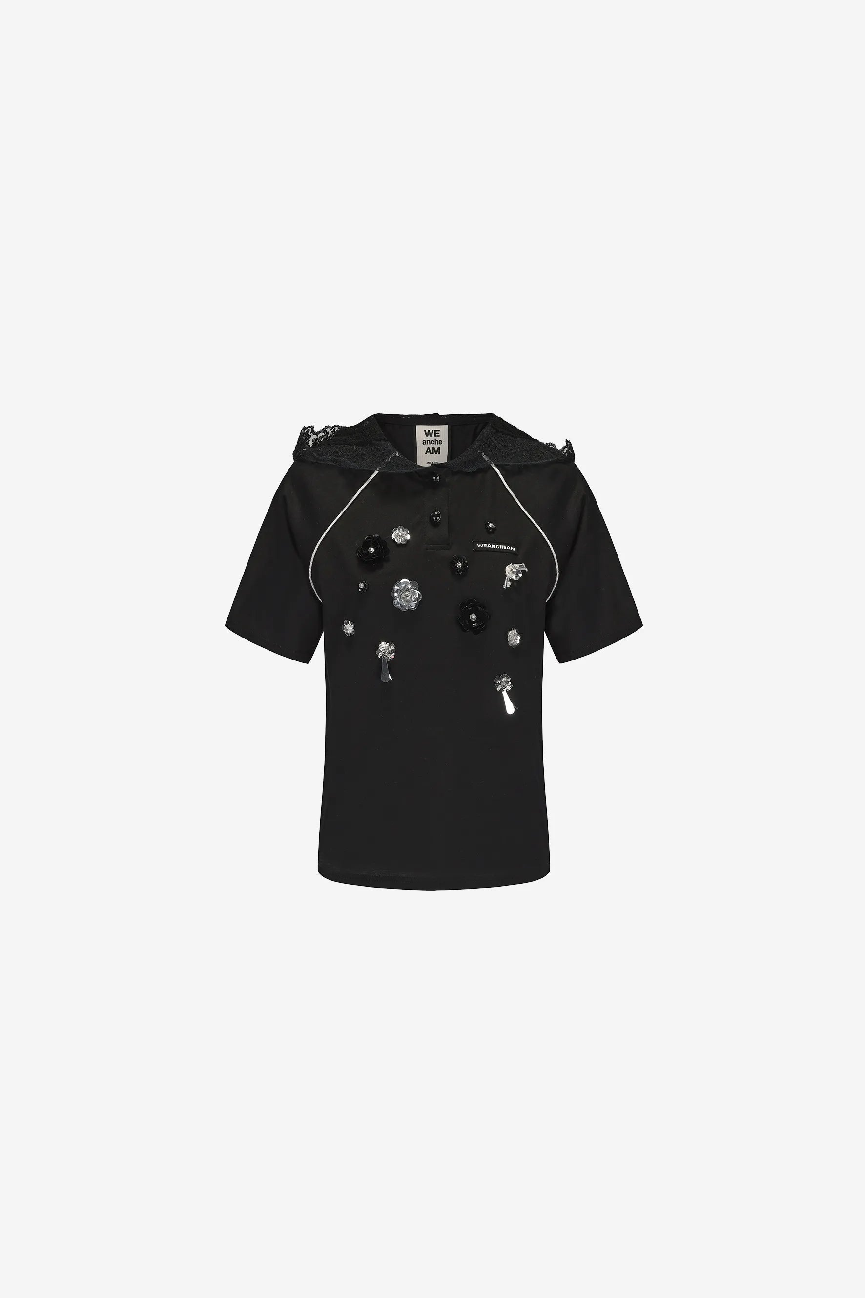 Hand-beaded lace cap polo neck T-shirt with breathable fabric – WEANCHEAM 