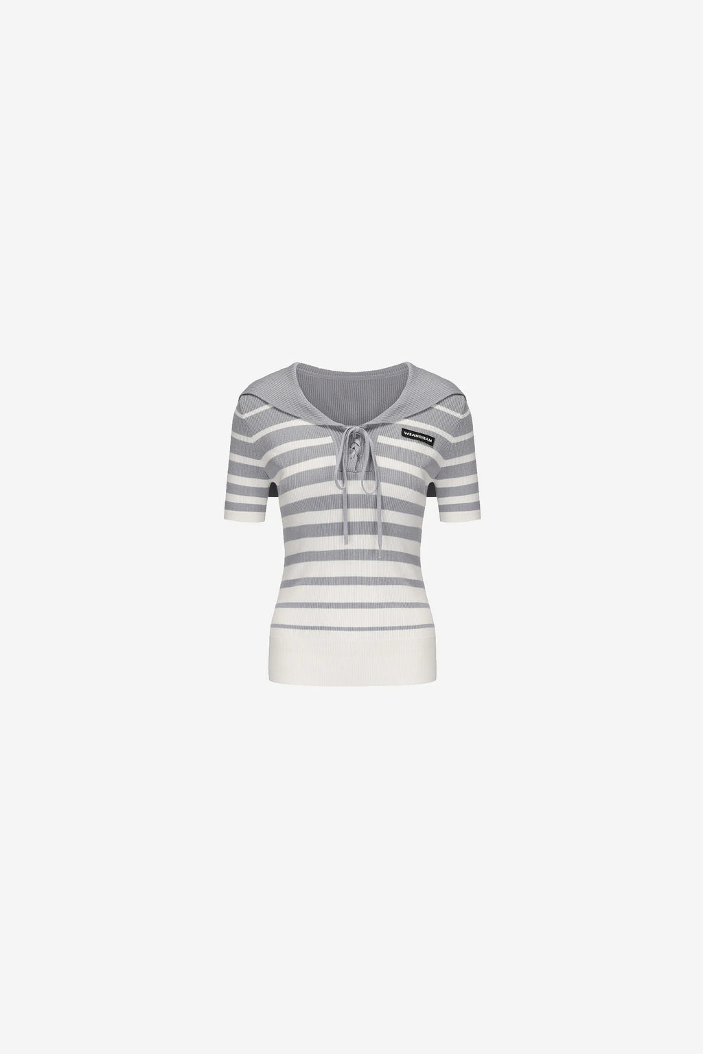Striped knit T-shirt with navy tie collar and hand embroidery – WEANCHEAM