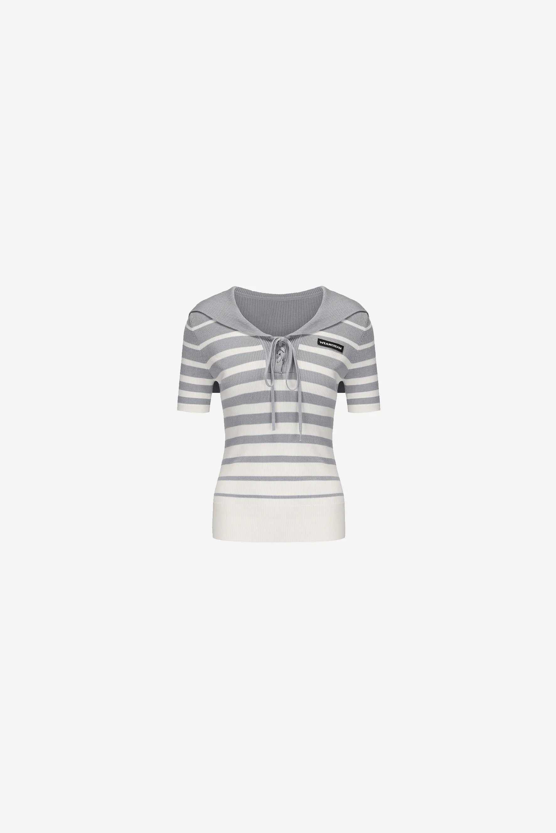 Striped knit T-shirt with navy tie collar and hand embroidery – WEANCHEAM