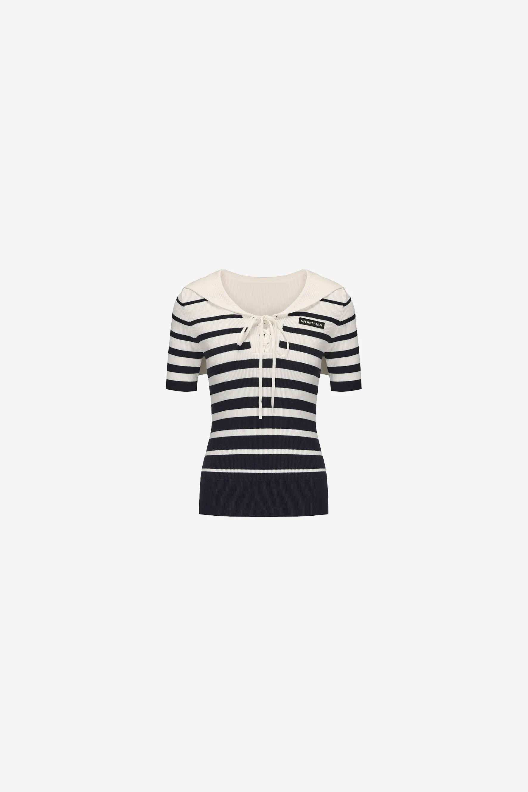 Striped knit T-shirt with navy tie collar and hand embroidery – WEANCHEAM