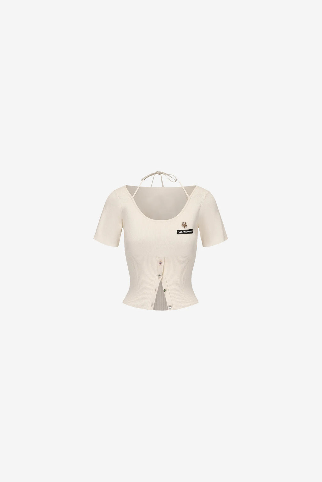 One shoulder knit top with bow tie and beaded chest flower – WEANCHEAM