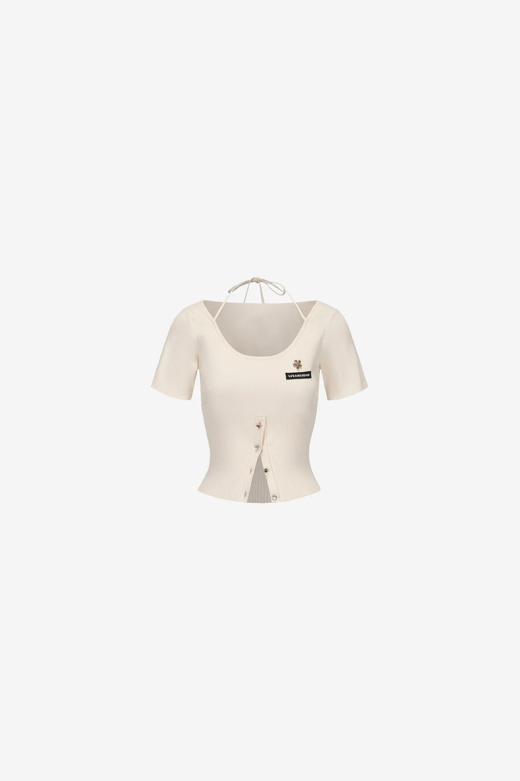 One shoulder knit top with bow tie and beaded chest flower – WEANCHEAM