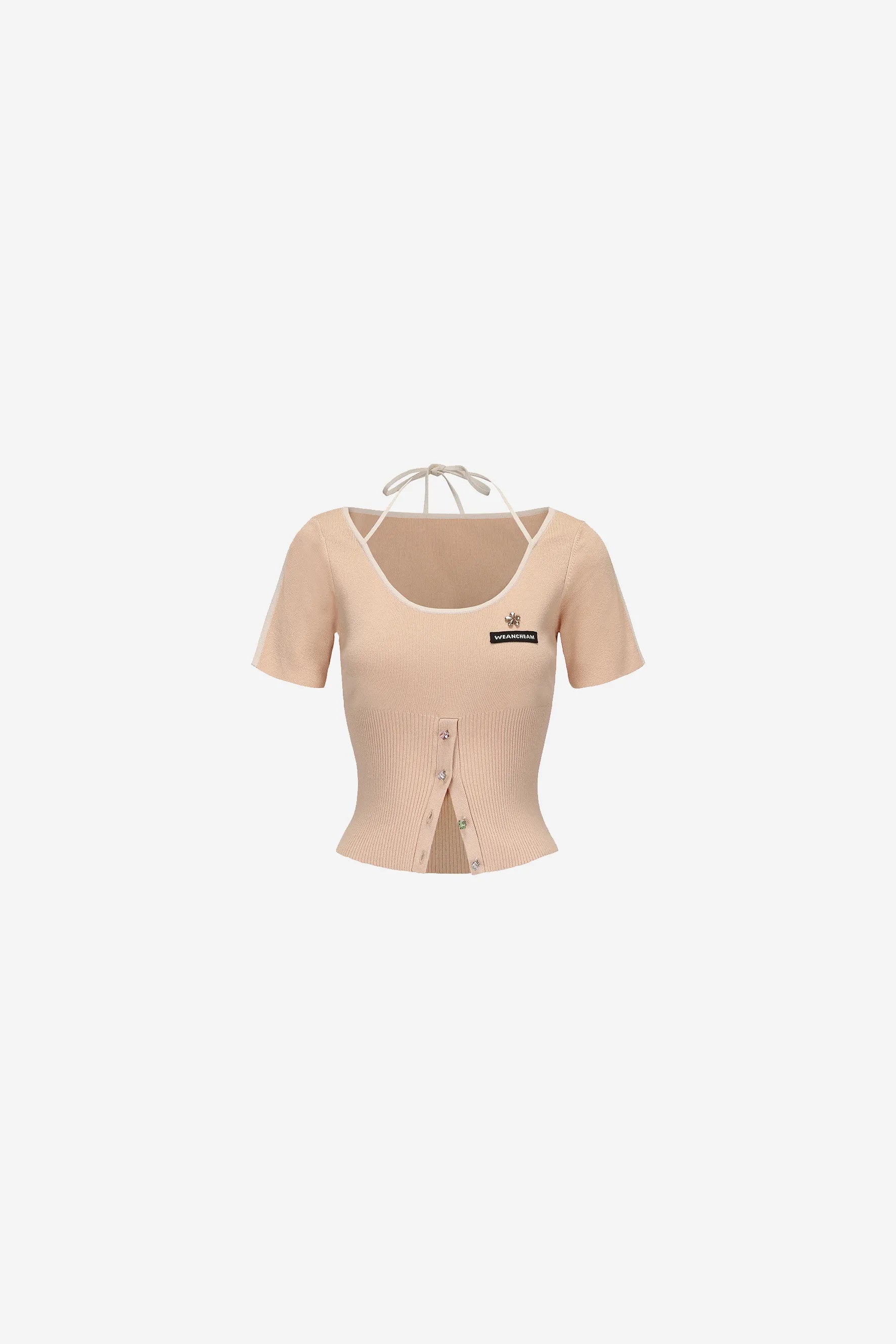 One shoulder knit top with bow tie and beaded chest flower – WEANCHEAM