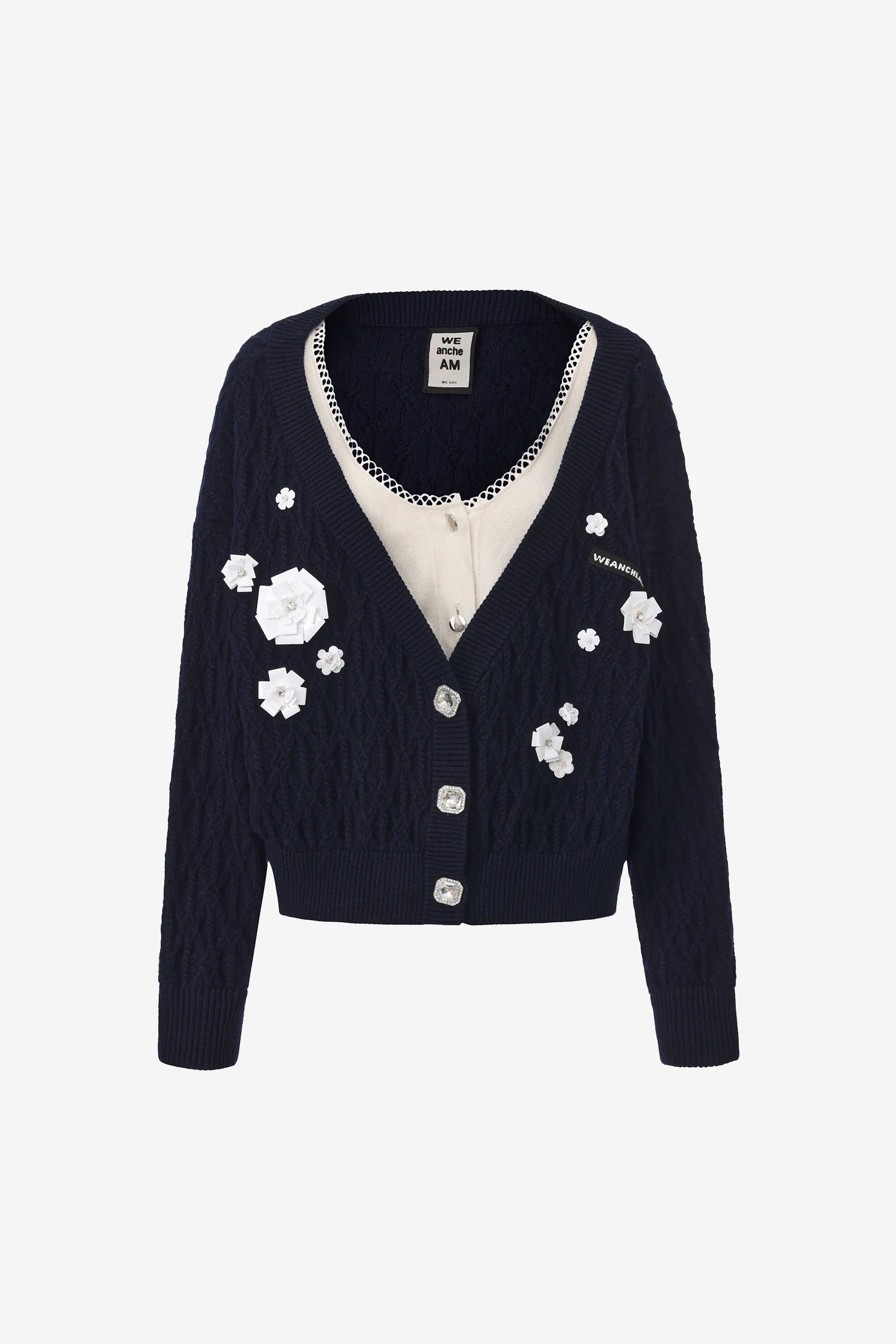 Beaded faux two-piece knit cardigan with lace-trimmed collar – WEANCHEAM