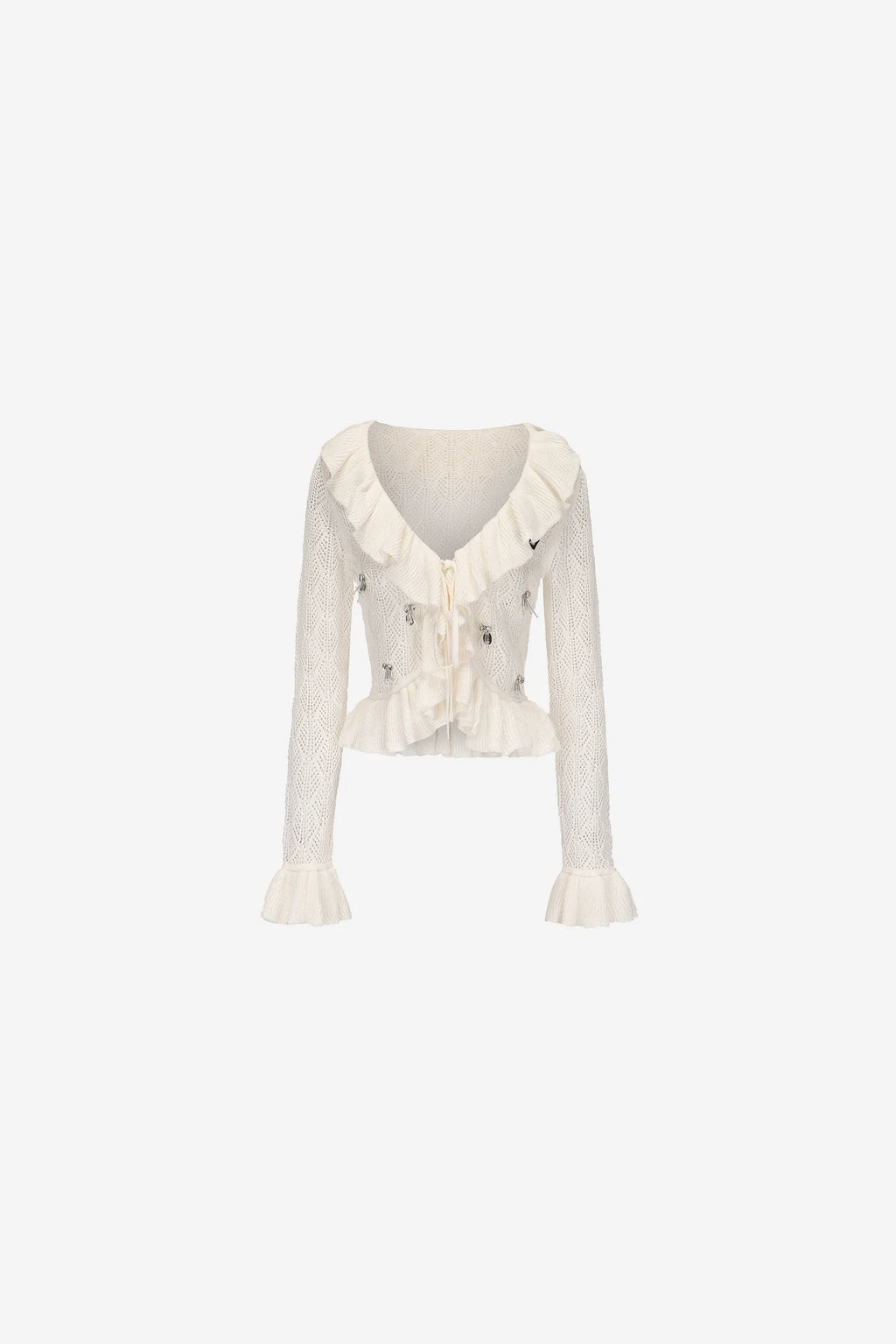 Lace knit jacket with ruffled collar, bow tie, and beaded florals – WEANCHEAM