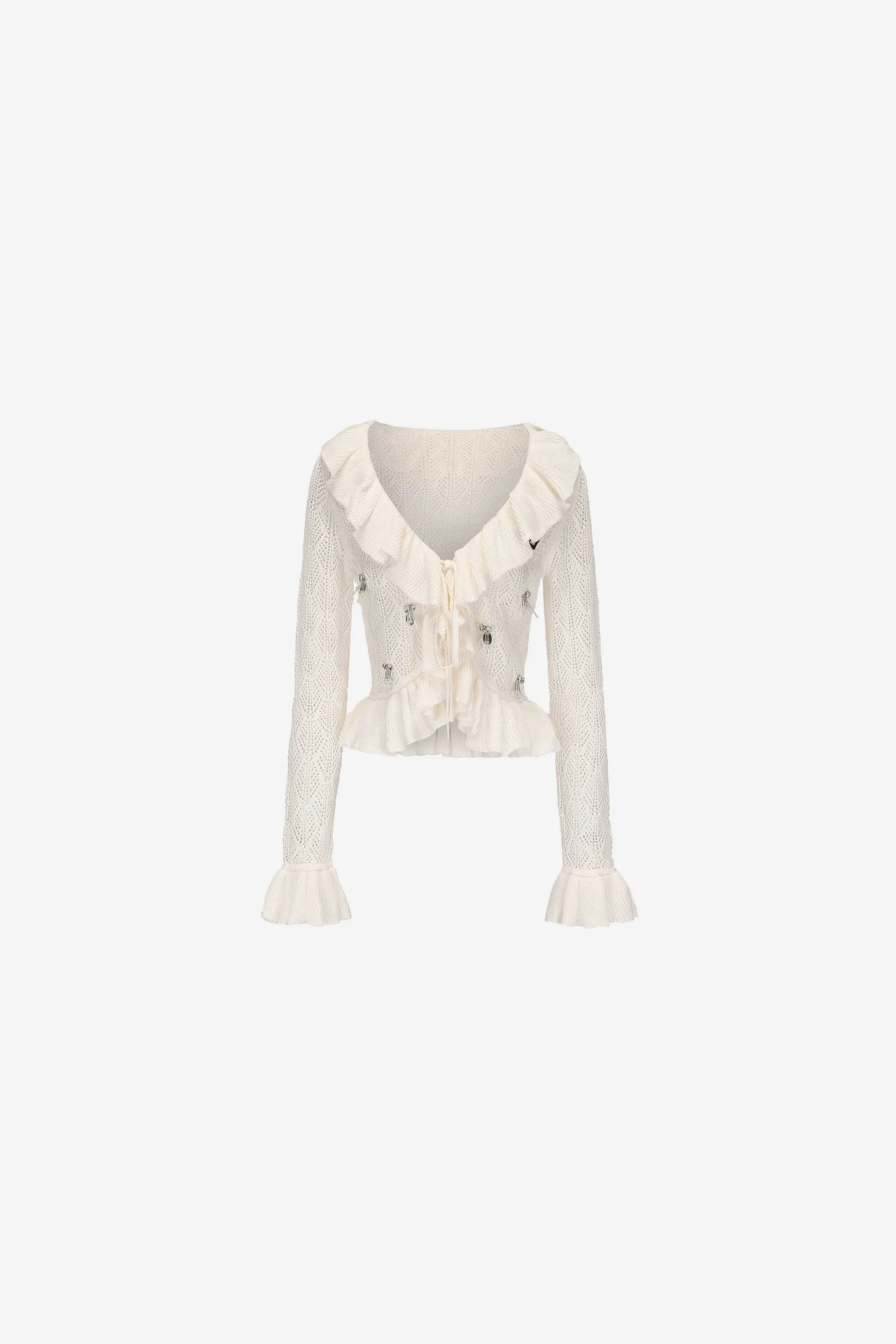 Lace knit jacket with ruffled collar, bow tie, and beaded florals – WEANCHEAM