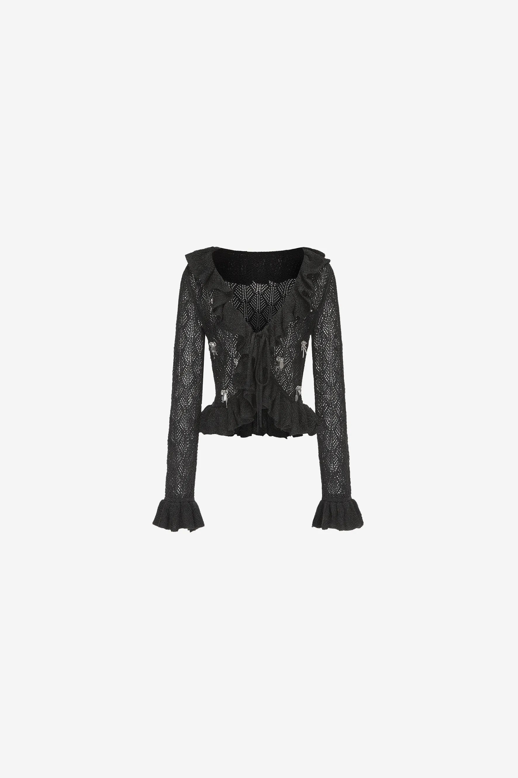 Lace knit jacket with ruffled collar, bow tie, and beaded florals – WEANCHEAM 