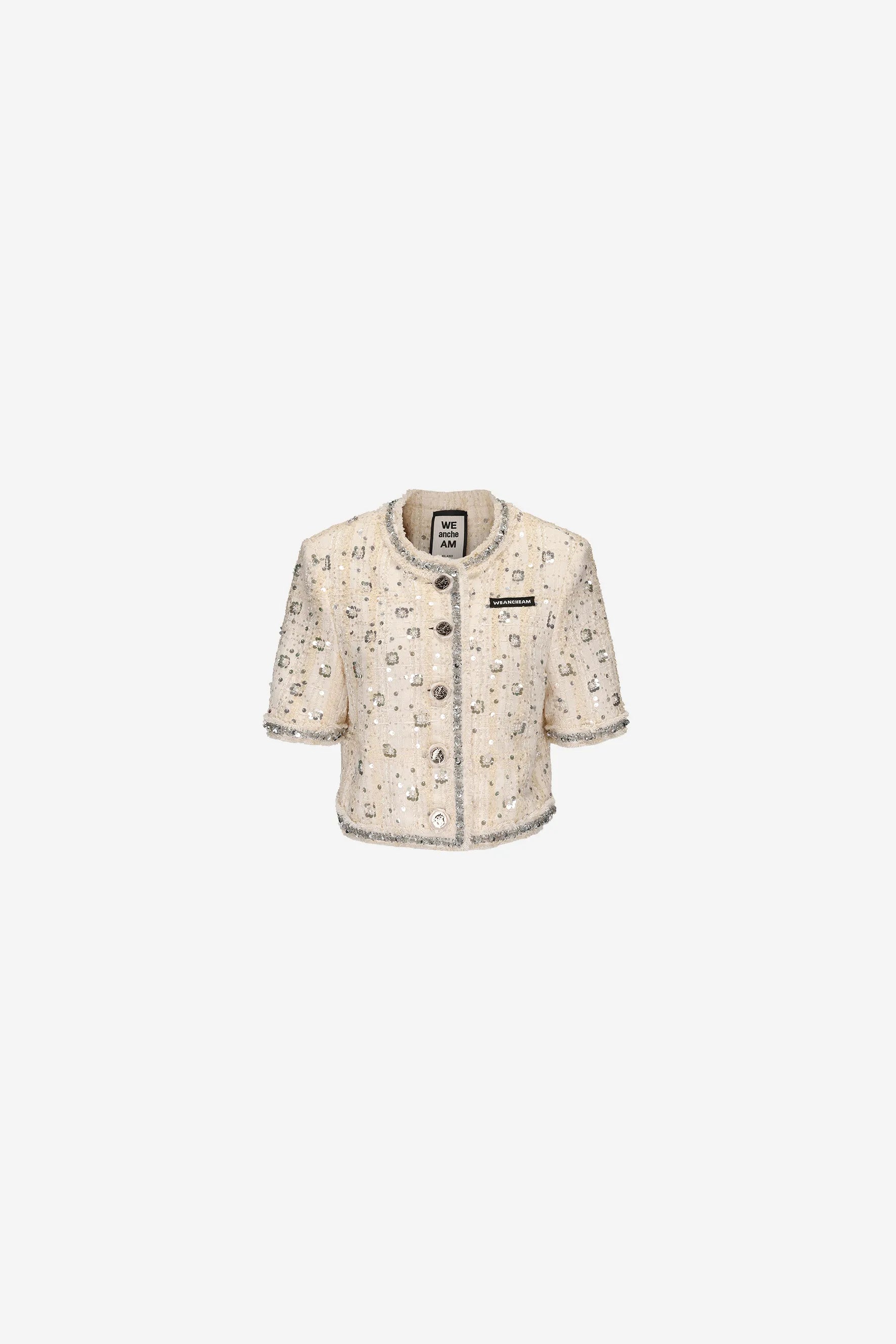 Model wearing beaded chambray tweed jacket – WEANCHEAM