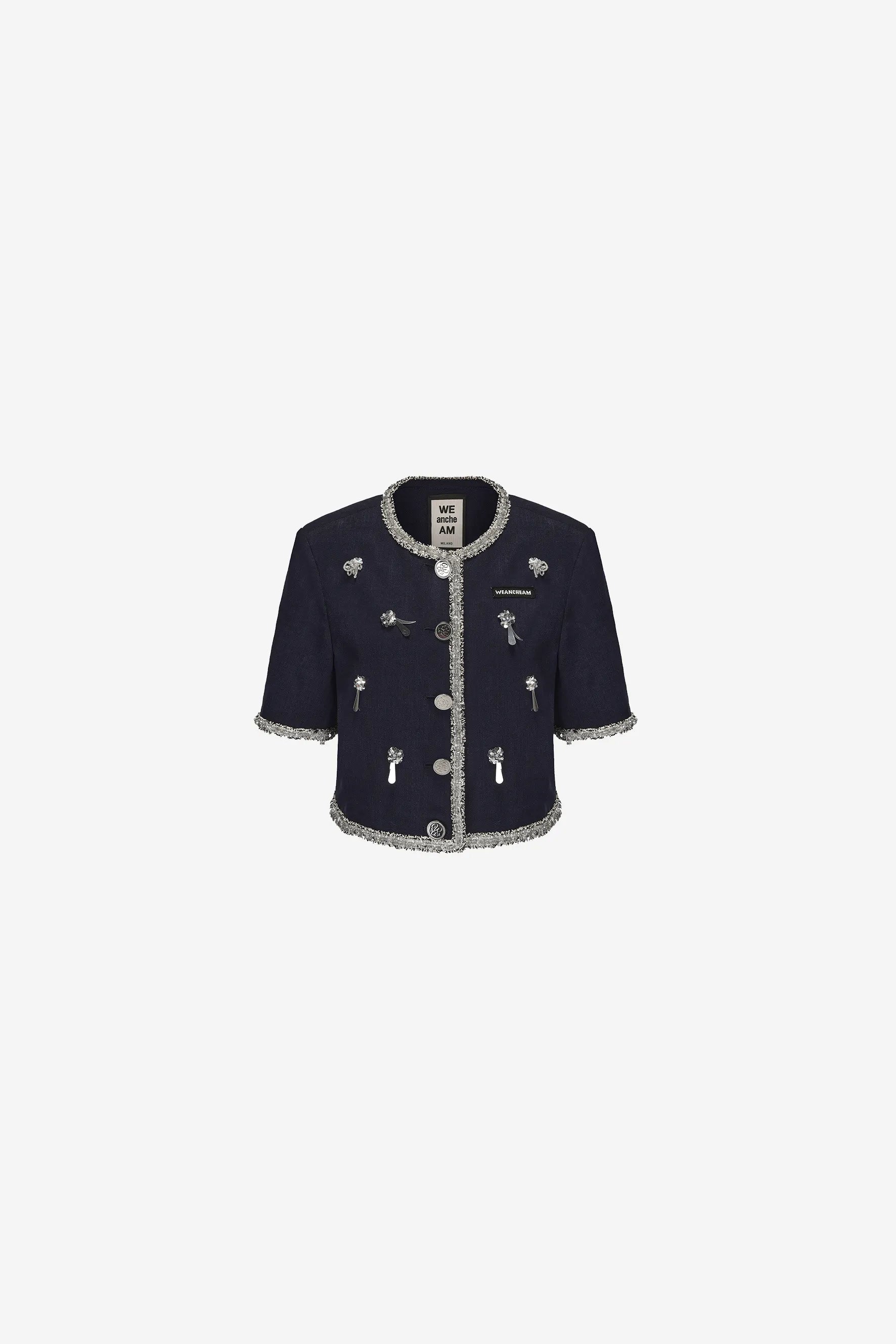 Model wearing beaded chambray tweed jacket – WEANCHEAM