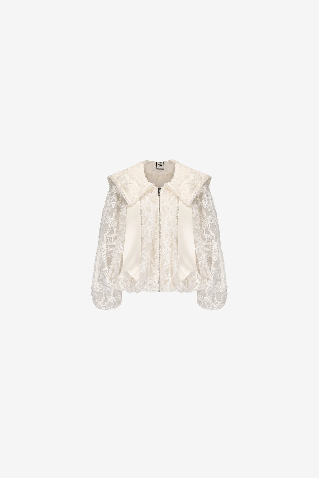 Sheer lace A-line jacket with floral texture and navy lapel – WEANCHEAM 