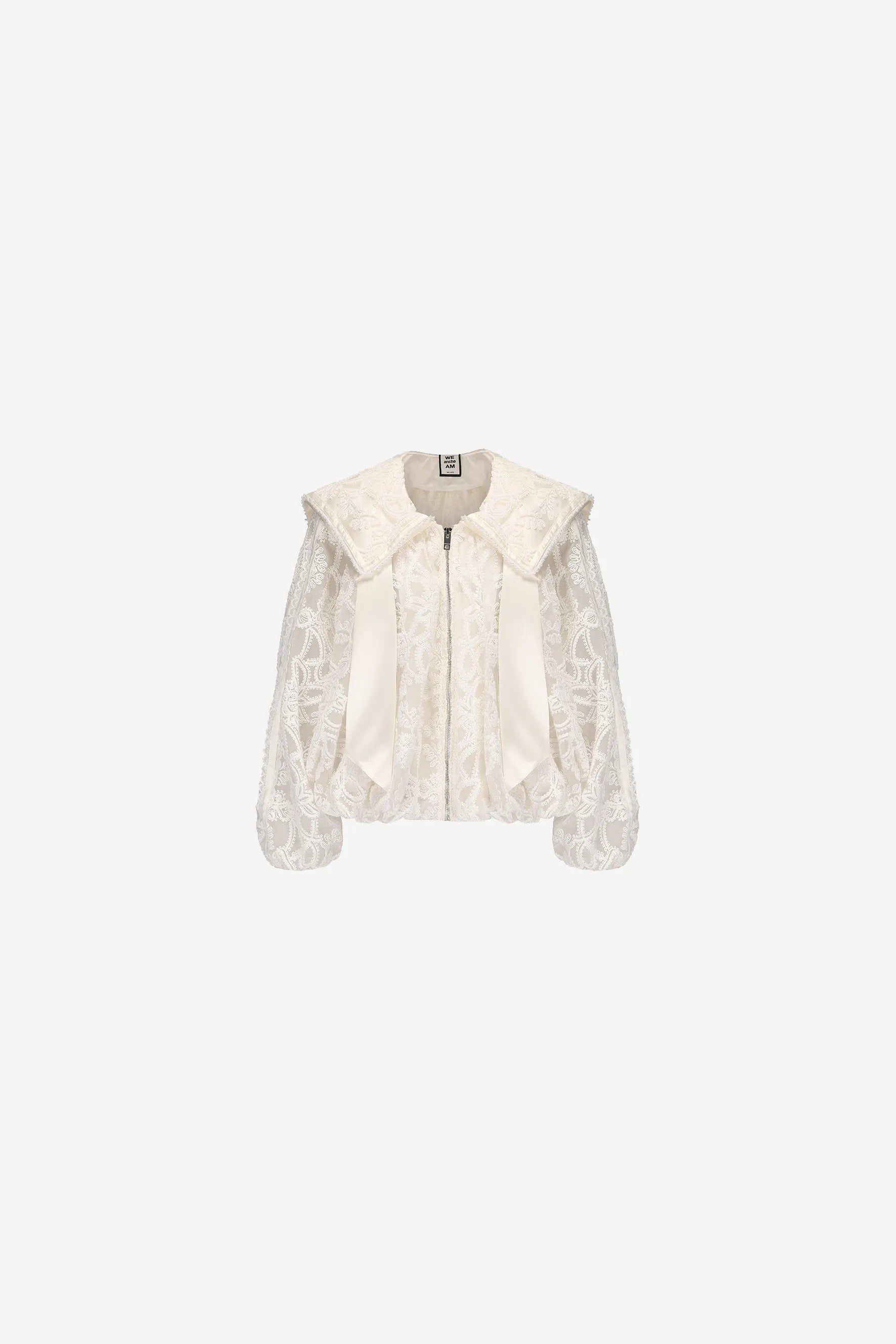 Sheer lace A-line jacket with floral texture and navy lapel – WEANCHEAM 