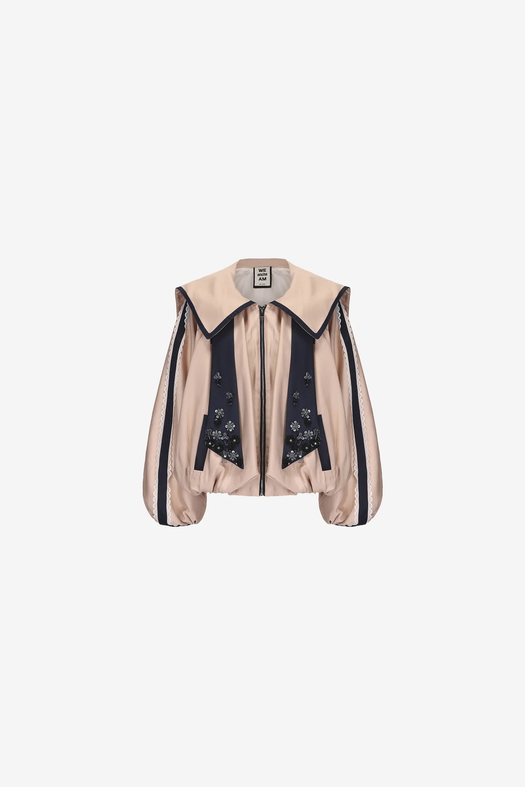 Sheer lace A-line jacket with floral texture and navy lapel – WEANCHEAM 