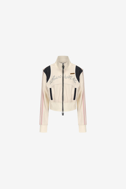 Curve-slimming acetate jacket with navy collar and contrast pink cuffs – WEANCHEAM