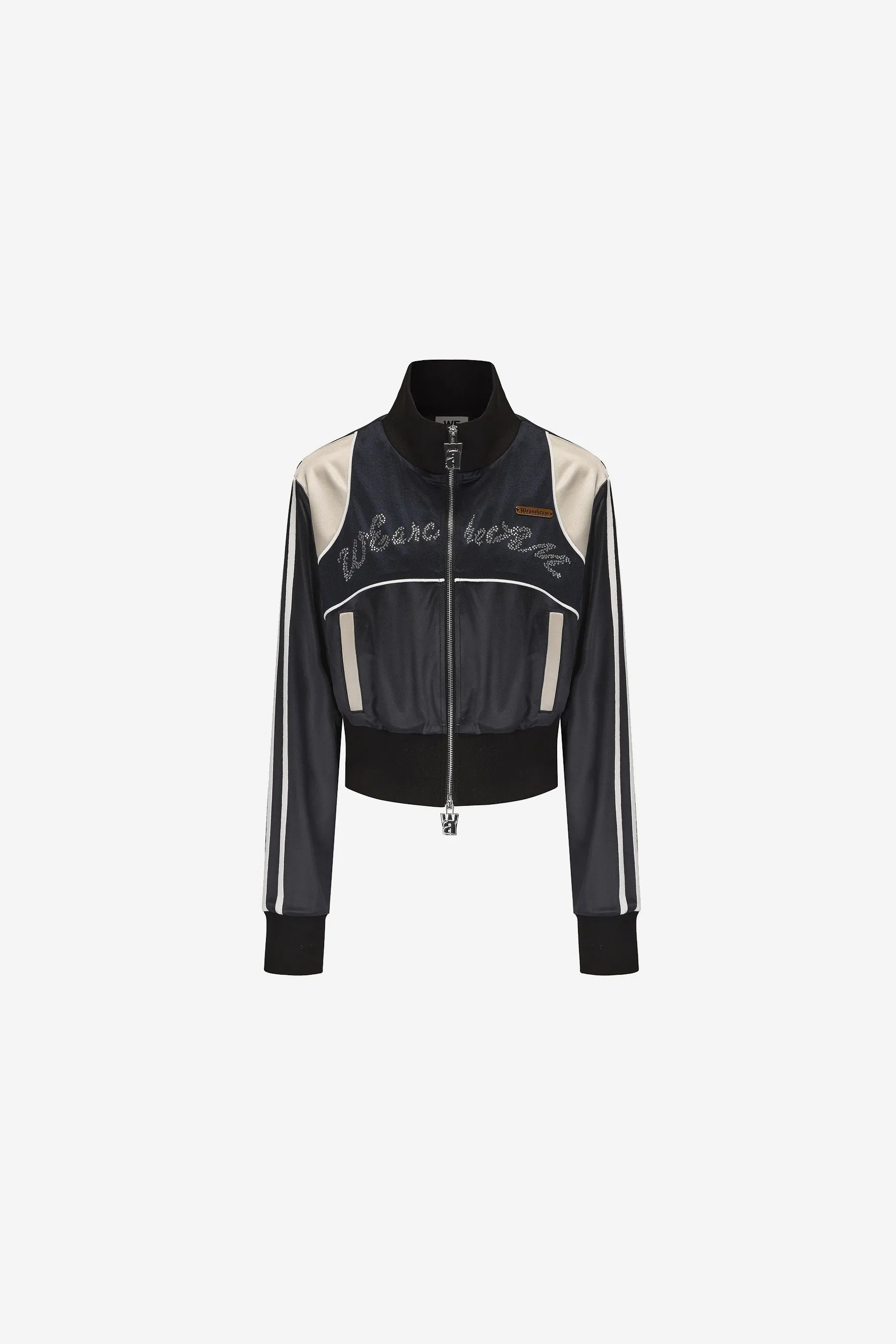 Curve-slimming acetate jacket with navy collar and contrast pink cuffs – WEANCHEAM