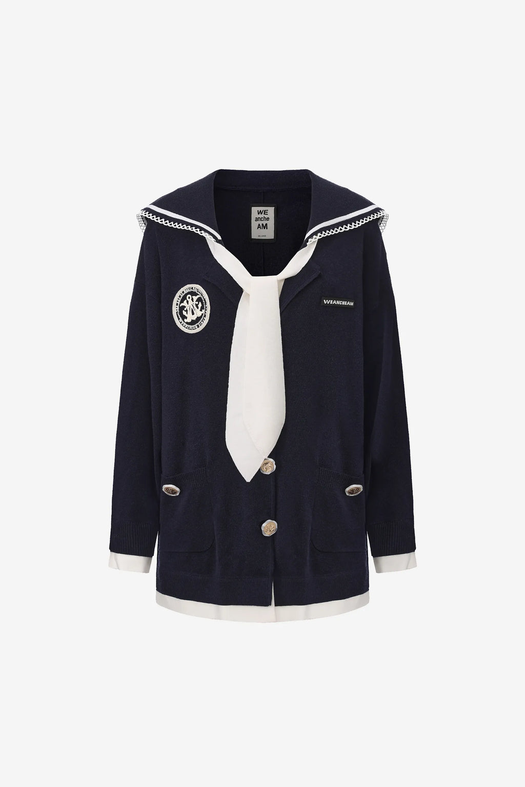 Retro navy collar knitted jacket with ribbon neckline – WEANCHEAM