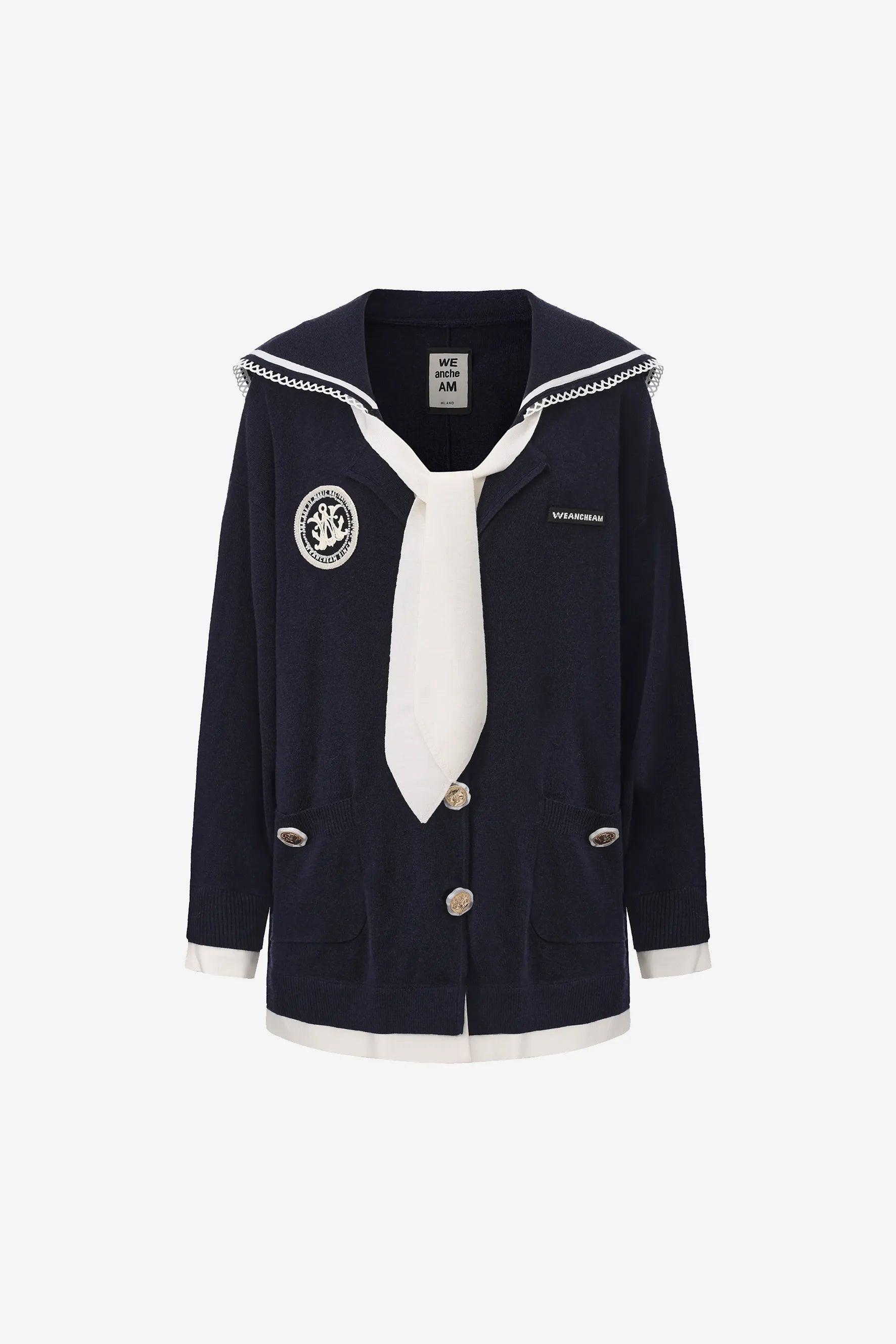 Retro navy collar knitted jacket with ribbon neckline – WEANCHEAM