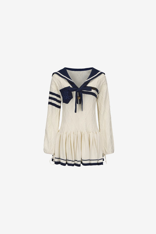 Navy collar knit dress with pleated skirt and bow tie – WEANCHEAM