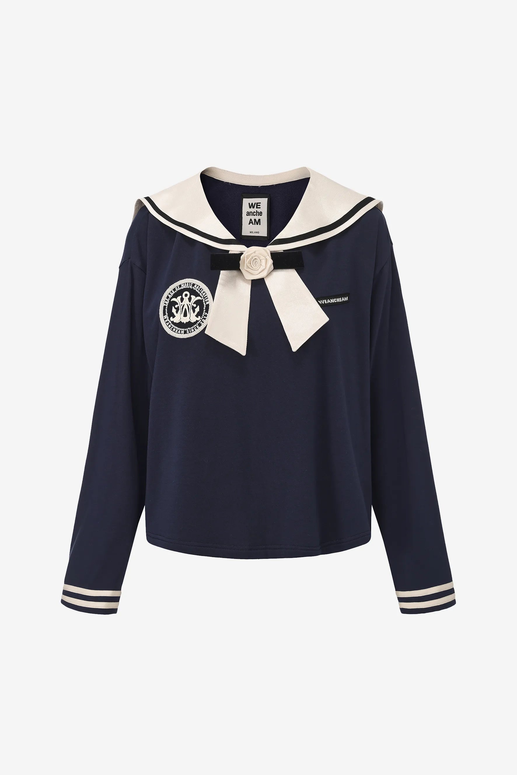 Navy T-shirt with satin collar and silk flower embellishments – WEANCHEAM