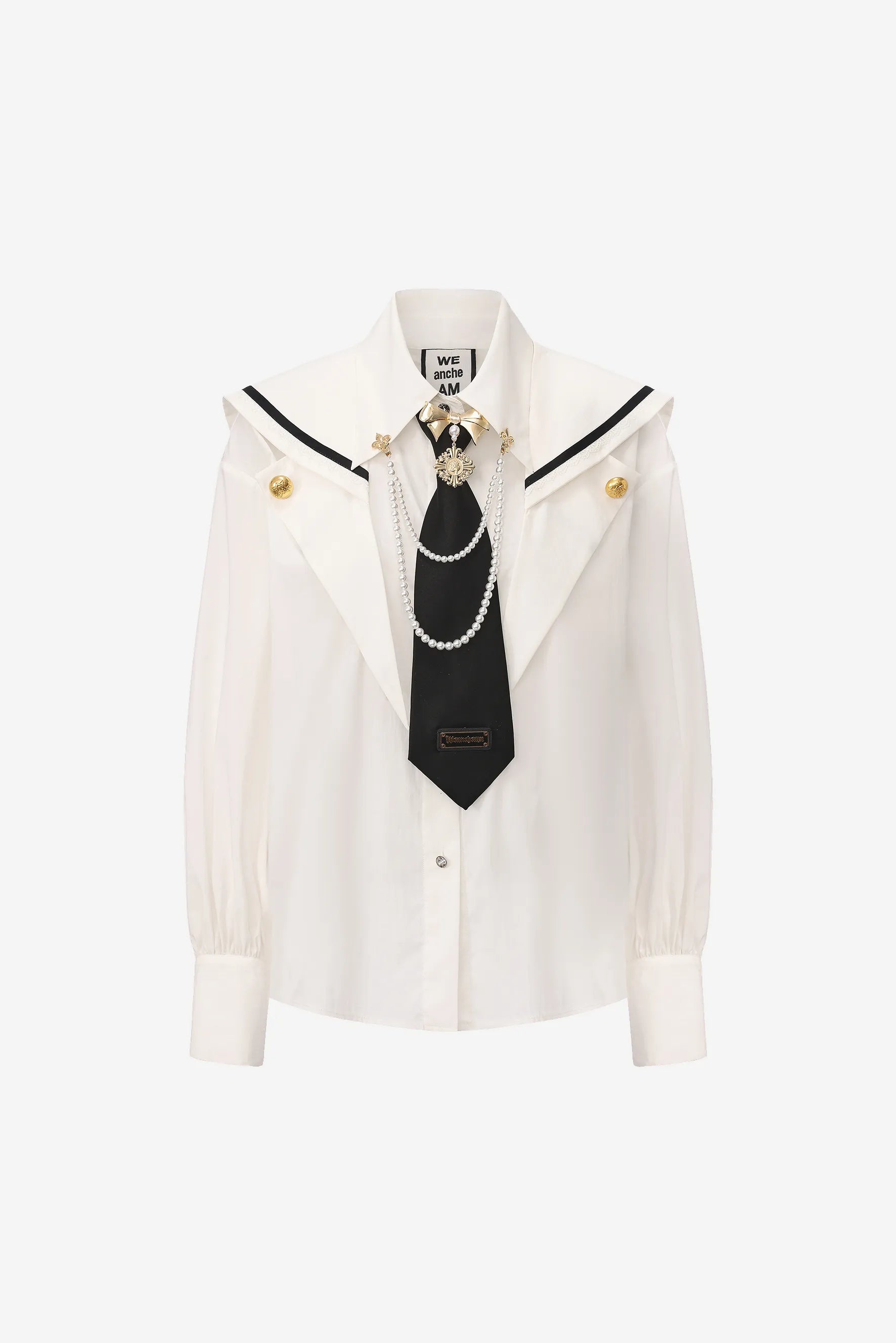 Classic 3-in-1 shirt 2.0 with navy collar, bow tie, and pearl chain – WEANCHEAM