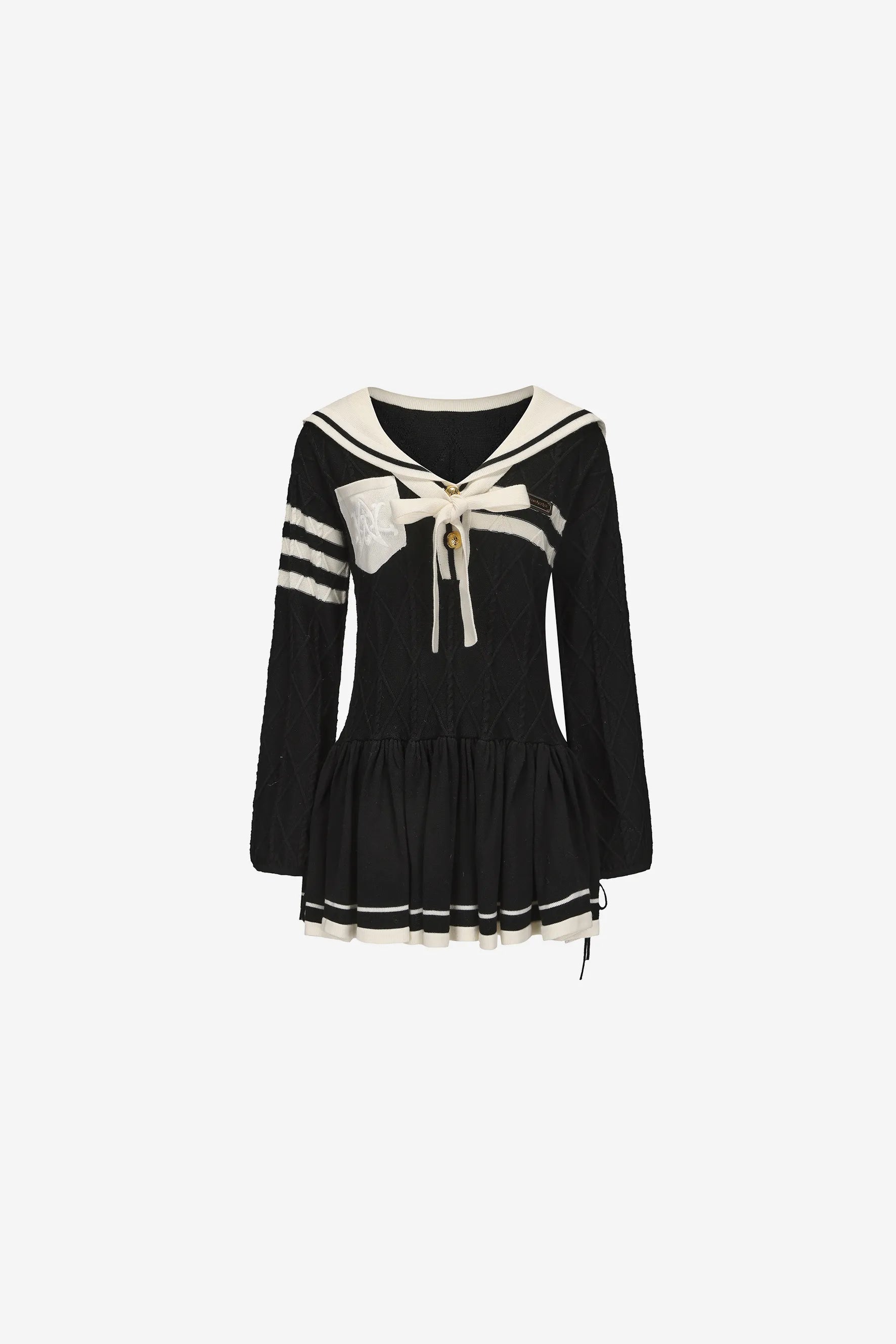 Navy collar knit dress with pleated skirt and bow tie – WEANCHEAM