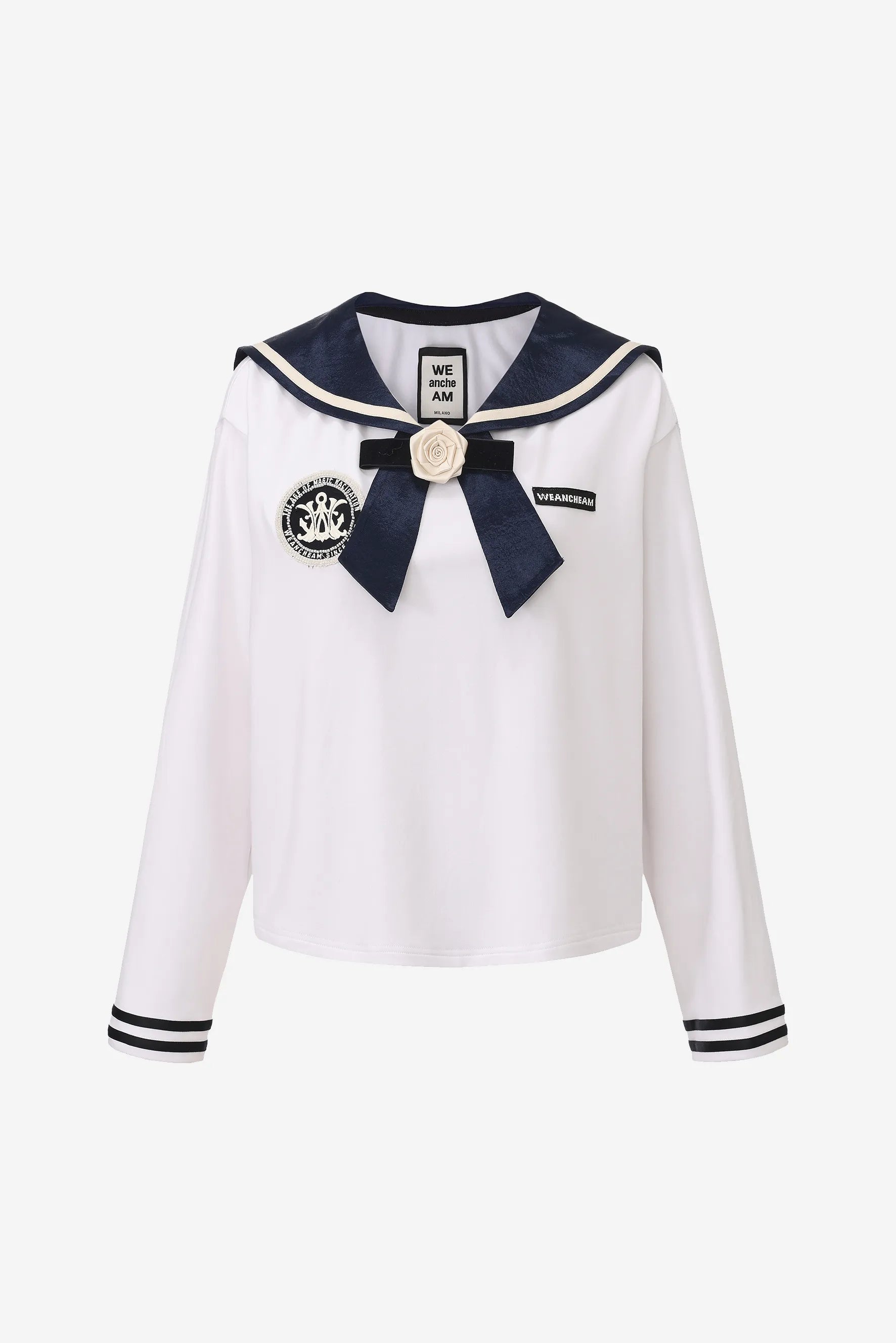 Navy T-shirt with satin collar and silk flower embellishments – WEANCHEAM
