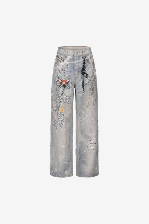 Allover printed loose-fit denim jeans with artistic graphics – WEANCHEAM