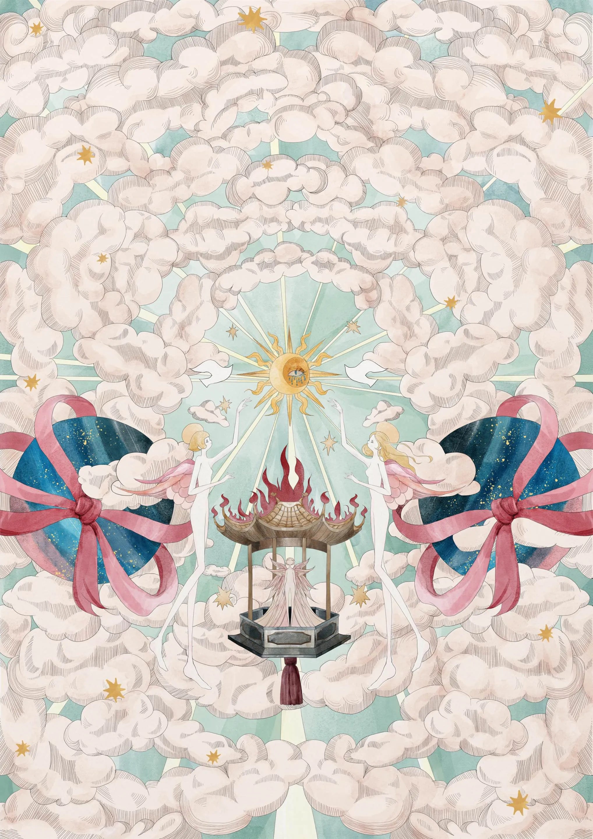 Surreal celestial illustration with altar, clouds, sunburst, and flying figures – WEANCHEAM 25SS campaign artwork