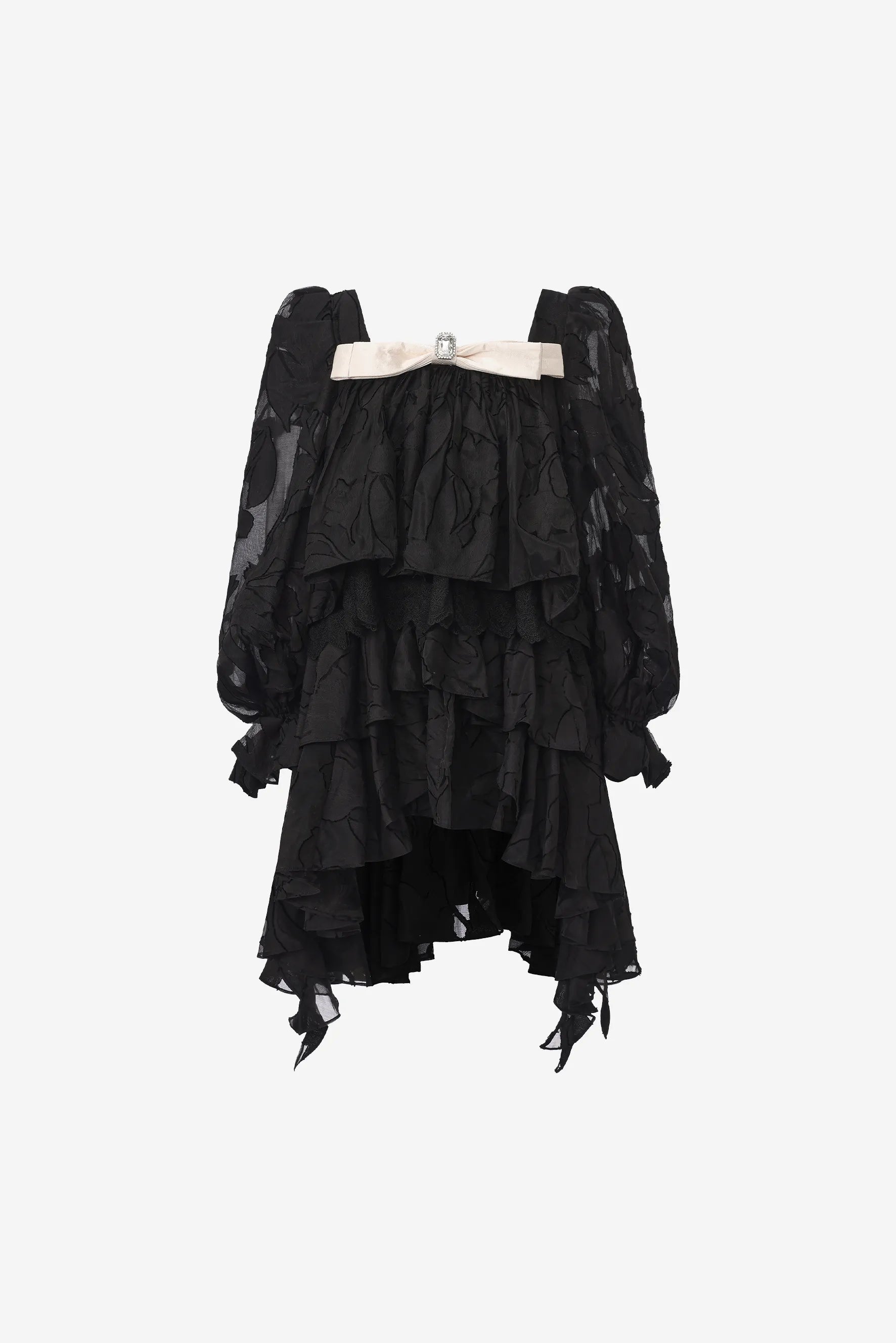 Multi-layered bubble sleeve dress with ruffles and sculptural bow – WEANCHEAM