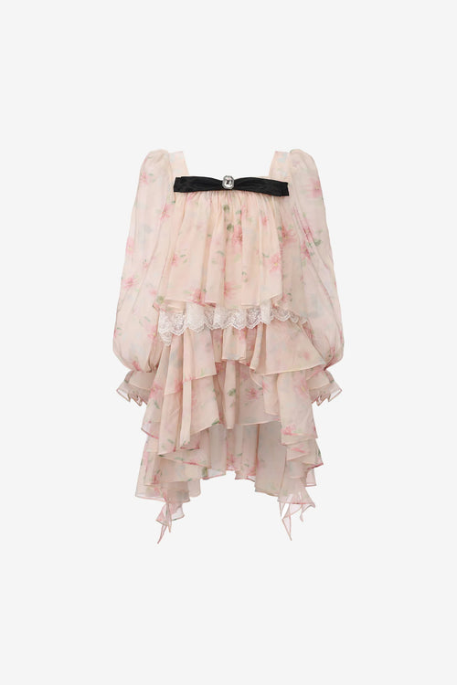 Multi-layered bubble sleeve dress with ruffles and sculptural bow – WEANCHEAM