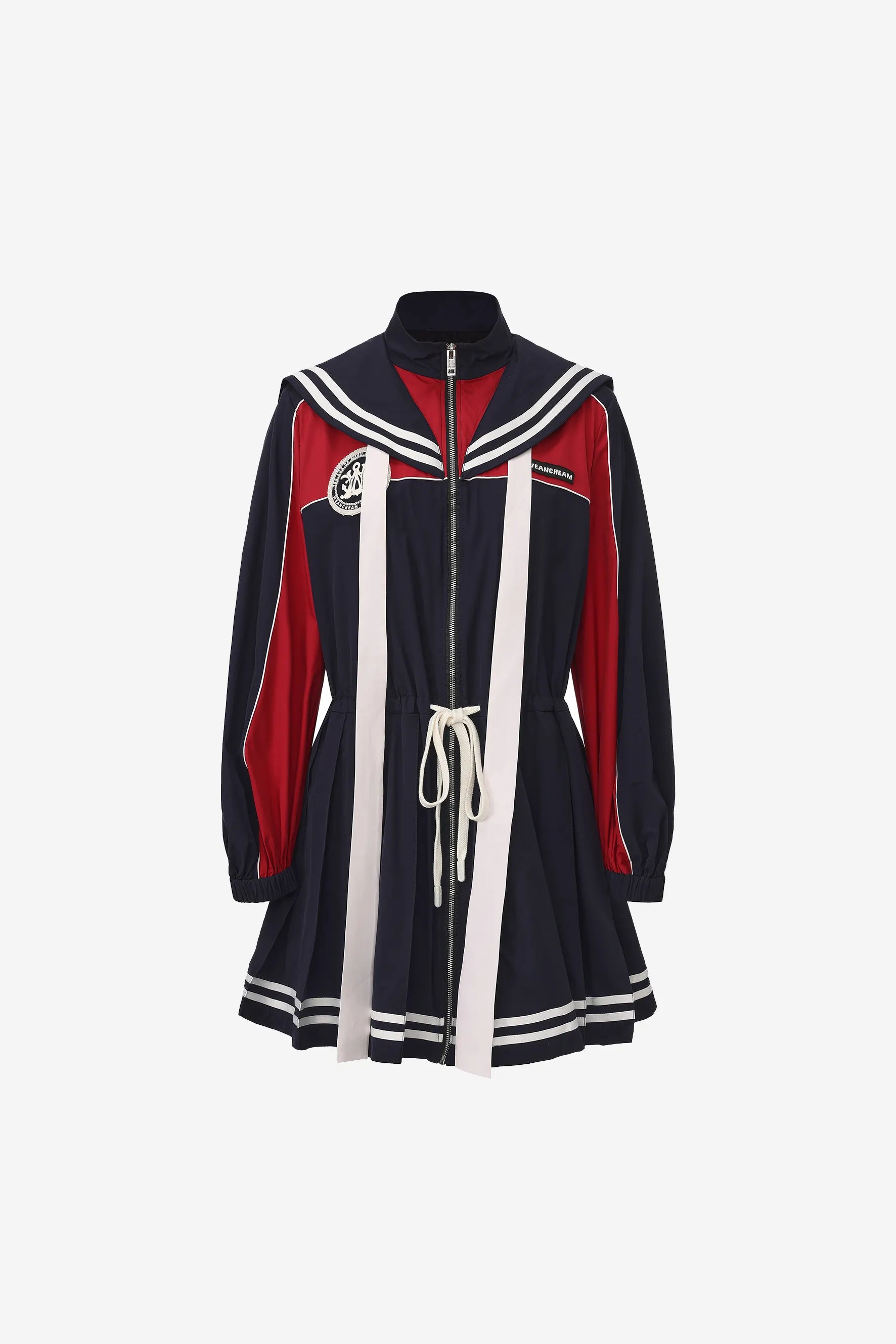 Navy collar sports jacket dress with striped accents and waist cinch – WEANCHEAM