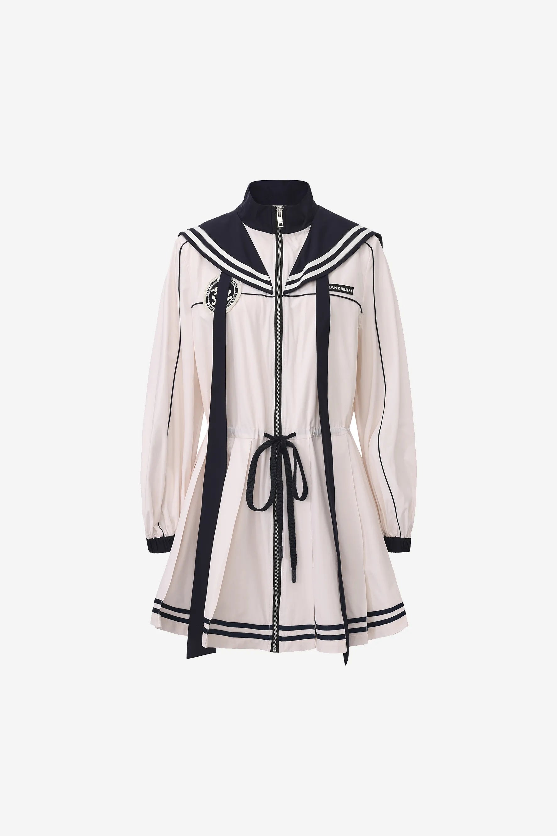 Navy collar sports jacket dress with striped accents and waist cinch – WEANCHEAM