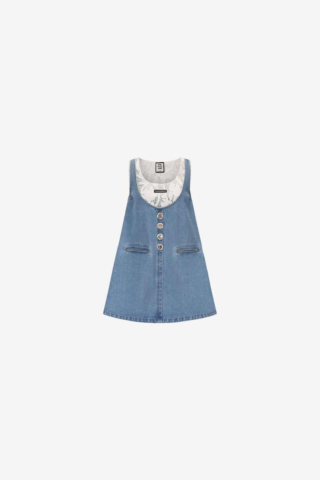 Lace trim round-neck denim dress with button placket – WEANCHEAM