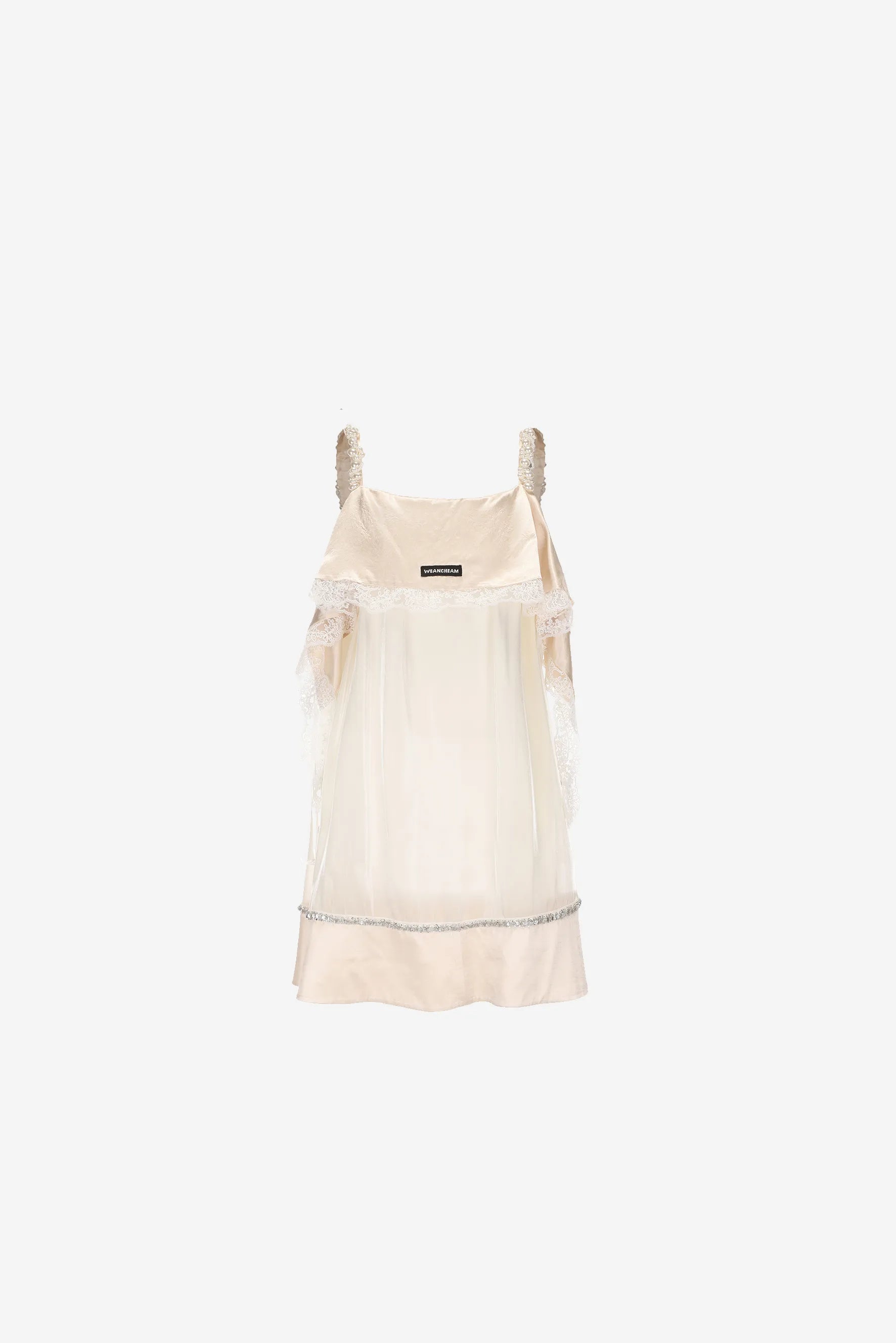 Model in strapless satin mesh dress with pearl halter – WEANCHEAM