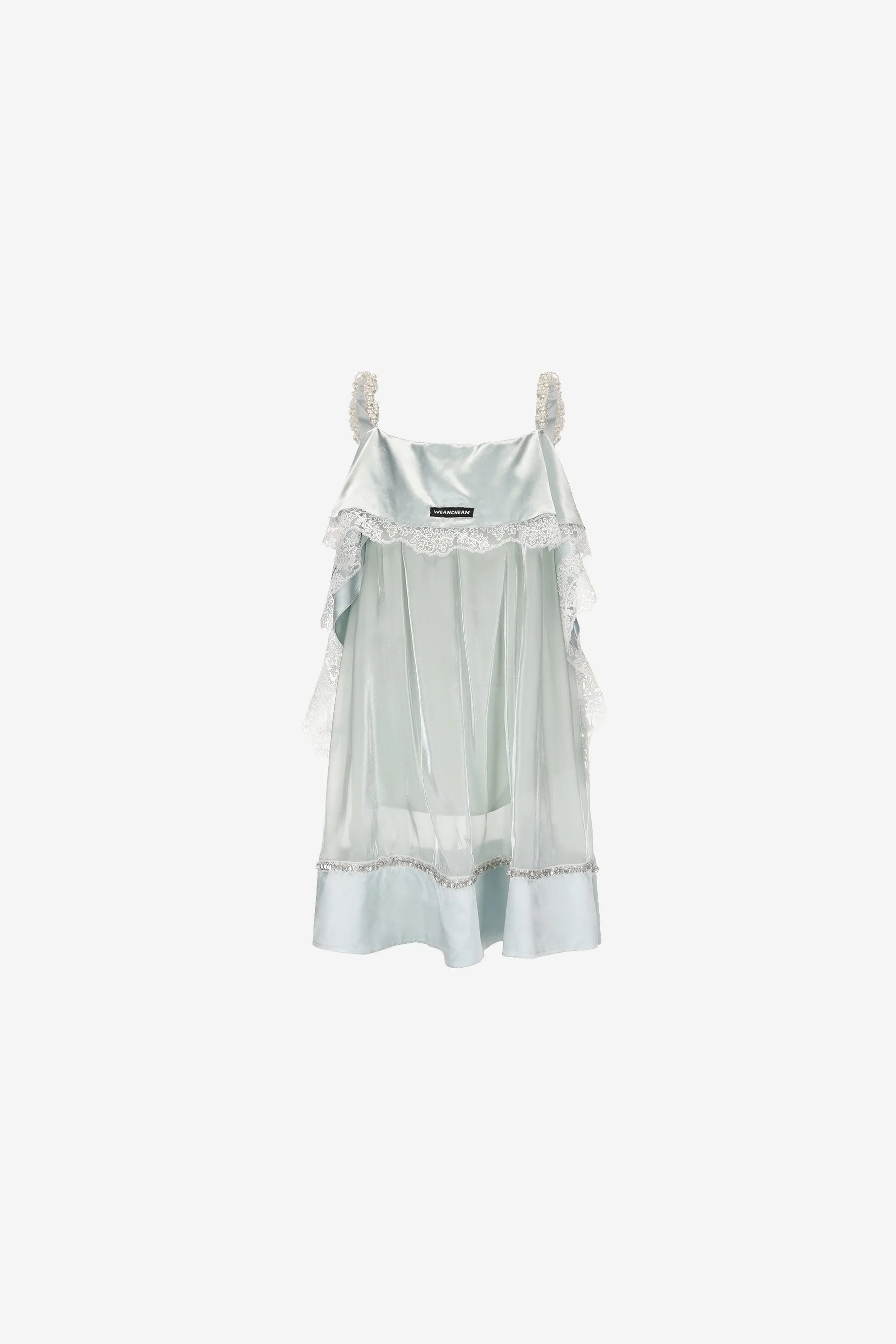 Model in strapless satin mesh dress with pearl halter – WEANCHEAM