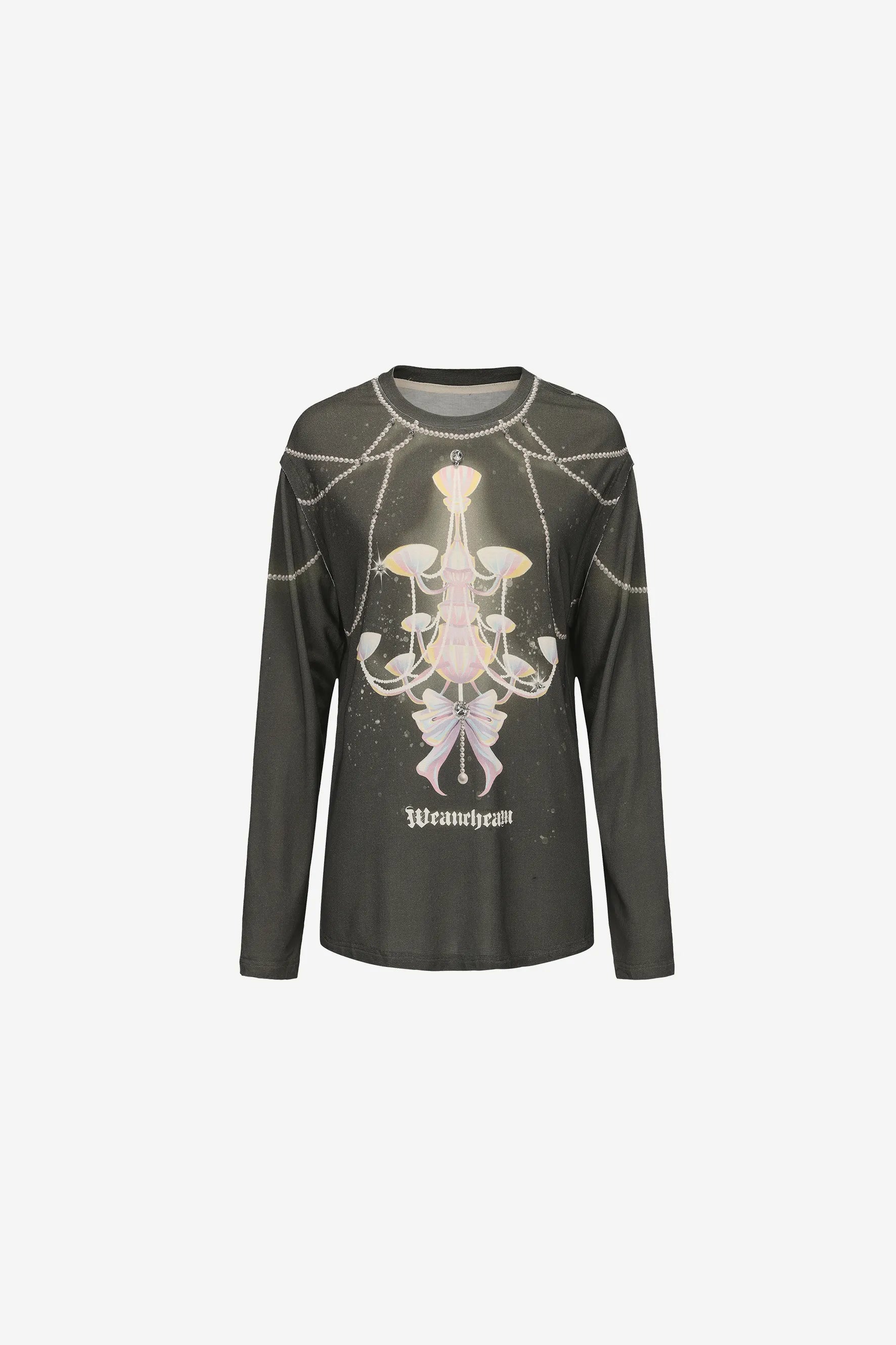 Oversized knit sweater with chandelier print and rhinestone detail – WEANCHEAM