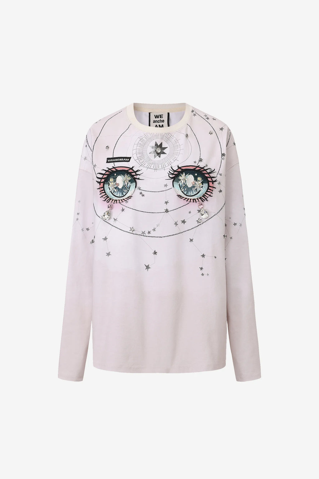 Printed rhinestone long-sleeve T-shirt with constellation motifs and crystal stars – WEANCHEAM