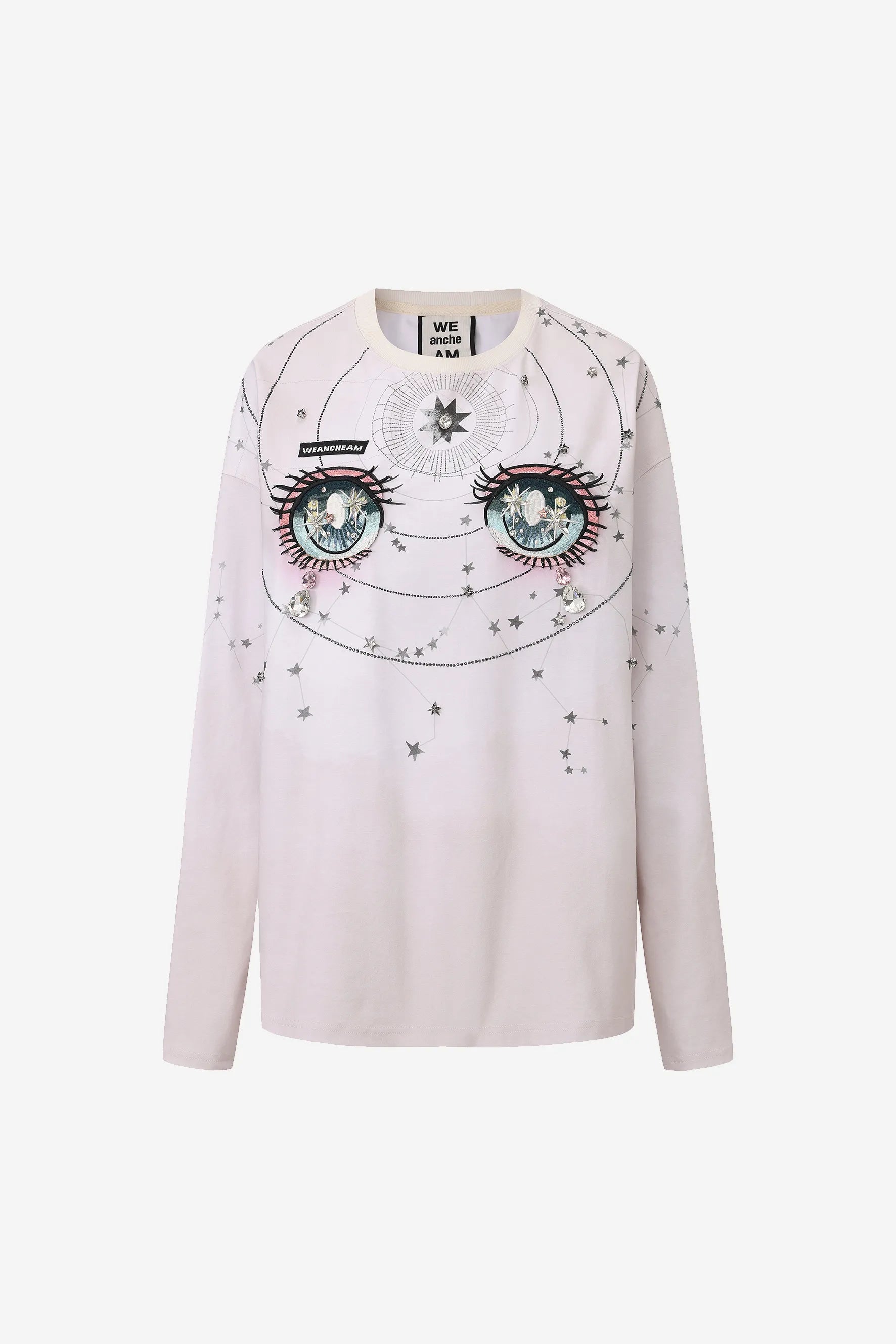 Printed rhinestone long-sleeve T-shirt with constellation motifs and crystal stars – WEANCHEAM