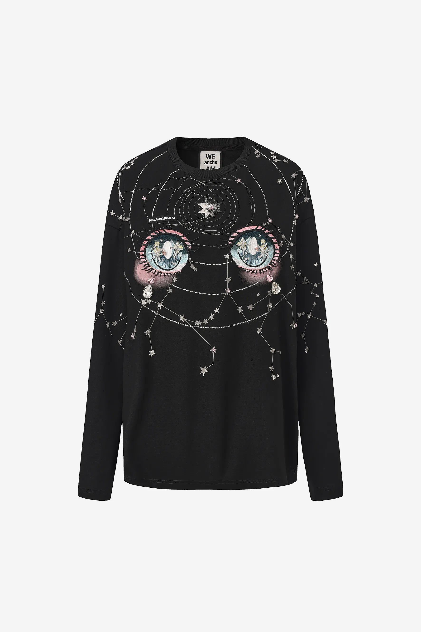 Printed rhinestone long-sleeve T-shirt with constellation motifs and crystal stars – WEANCHEAM