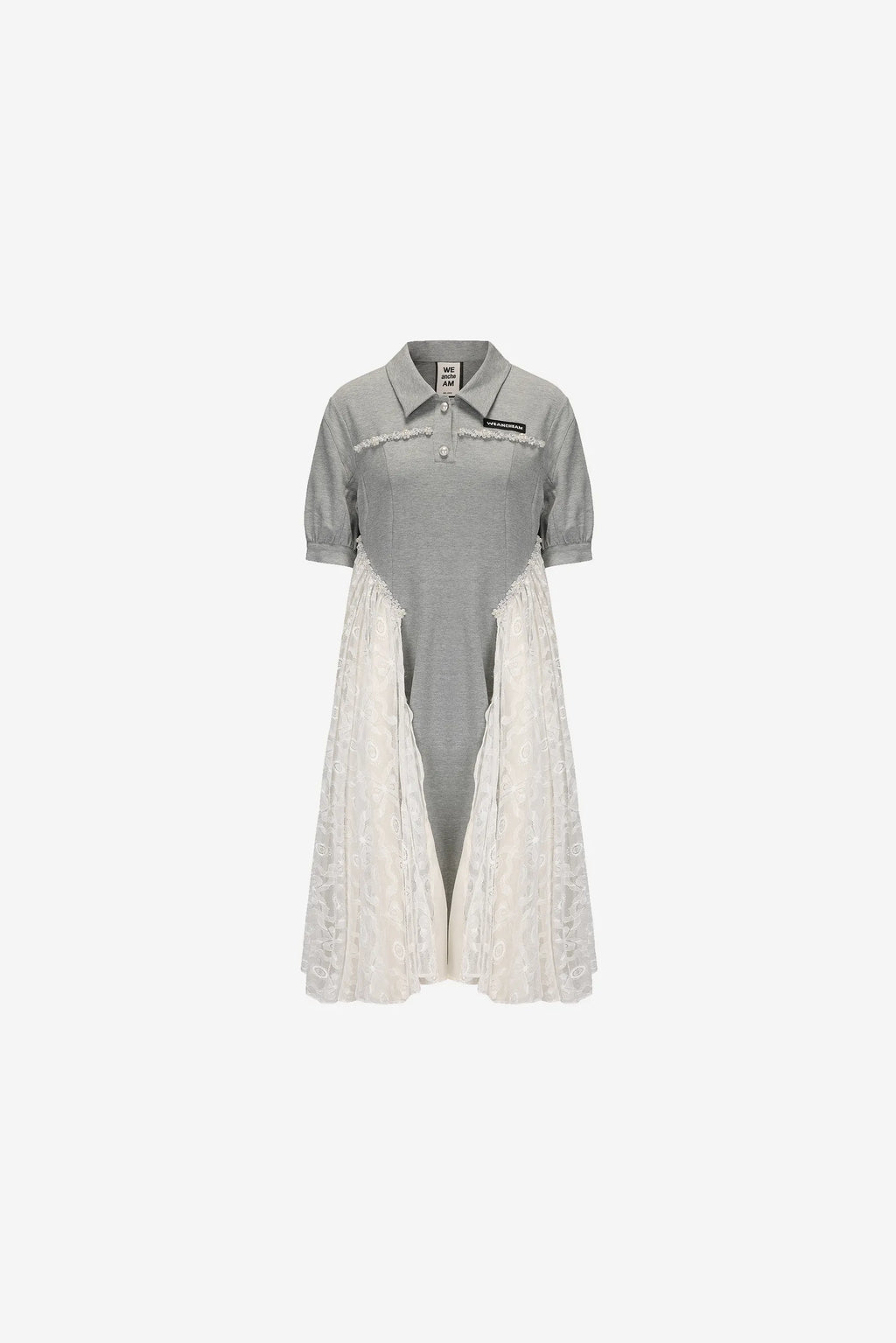 Lace pleated midi dress with polo neckline and pearl details – WEANCHEAM